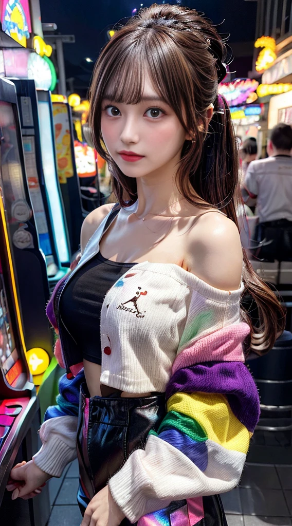 ((masutepiece)), Best Quality, absurderes, ultra-detailliert, Holographic, Cowboy Shot, Golden ratio, Super cute girl, Mature girl, Idol girl, Super beautiful asian girl with very beautiful purple glowing eyes, Beautiful shiny brown multicolored hair, High Ponytail, Nice and , Slim body, Perfect body, Wearing a super tight anime print leotard, Anime Print Super Tight Off Shoulder Long Sleeve Crop Top, Super aesthetic transparent mini jacket, beautiful hair decoration, Pink Jordan Tennis, Play with her handsome nerdy skinny boyfriend, With black and messy shiny hair, In arcade games