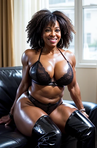 1 africans woman, full naked, no clothes, beautifull face, about 65 years old, very big heavy natural tits, very tall body, six pack and atlethic body, little curvy, very hairy pussy, half gray hair, big smile face, high boots, sit down on a chair, open legs to showing hairy pussy