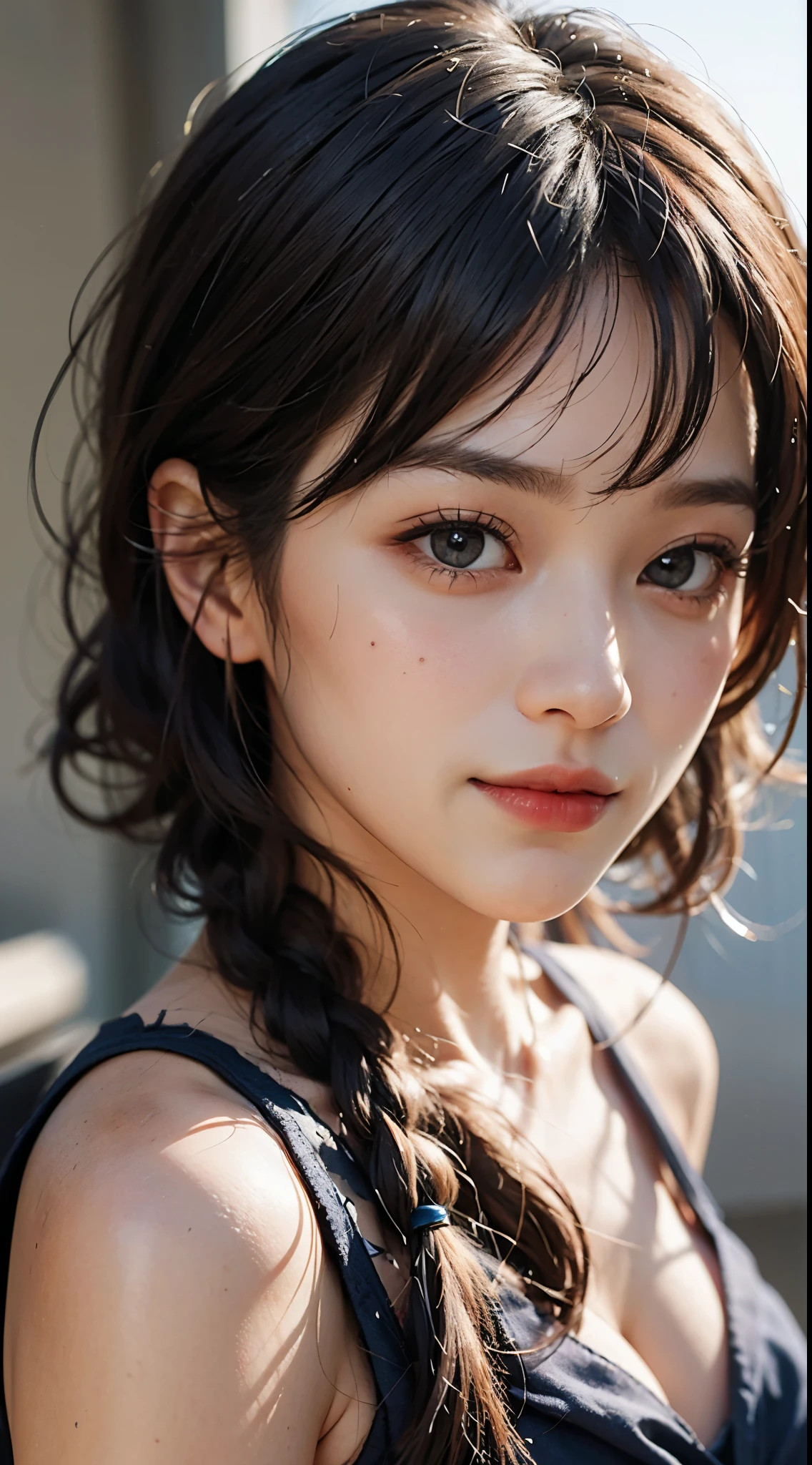 Best Quality, masutepiece, 超A high resolution, (Photorealistic:1.4), Raw photo, 1girl in, kーpop idol, short-hair, Indoor, Summer noon,Detailed eyes,(realisticeyes),delicated face,realskin,detailed hairs,Detailed skin,Beautiful face,Smiling、((Beautiful hair ornament))、