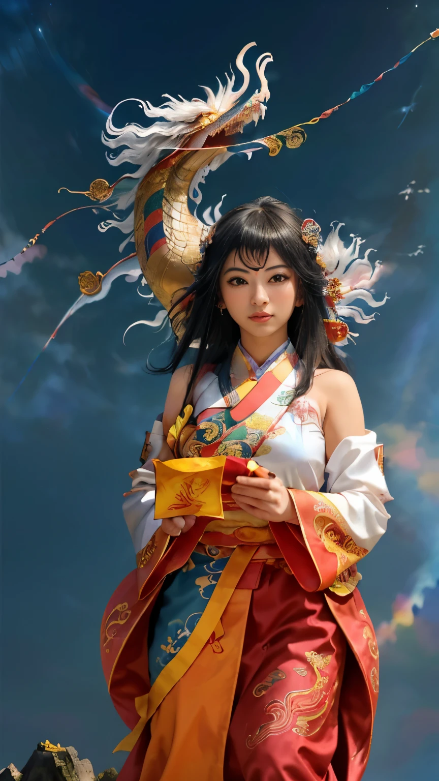 Arte Oficial, 统一 8k 壁纸, ultra detalhado, Beautiful and Aesthetic, master part, best quality, (Zentangle, emaranhado, emaranhar), (Arte Fractal: 1.4), 1girl, cabelos pretos, Chinese, bareshoulders, Saia Curta, bezerro, umbigo, Very detailed, Dynamic angle, tiro de cowboy, (forma mais bonita chaolowing, (cores brilhantes), Oc, (metade: 1.2), China, (Thangka flying sky: 1.5), (fita: 1.3), (Dream: 1.5), (Hanfu: 1.5), Chinese dragon, Chinese phoenix, (sorrir: 0.5), (Chinese deity),