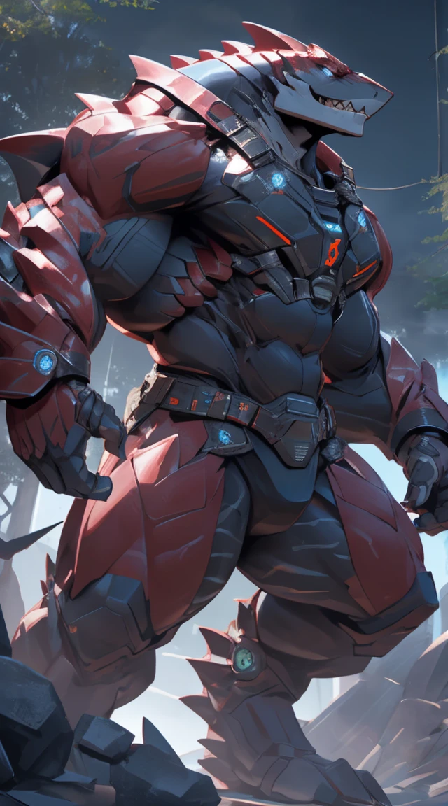 shark man, ready to fight, futuristic armor, dark forest background, threatening, stands menacingly, full body, raptor like legs, proporcional muscular arms, muscular, illustration, (best quality, 4k, highres, masterpiece:1.2), ultra-detailed, realistic, horror, sharp focus, vivid colors, daytime lighting