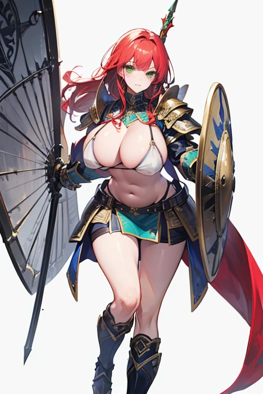 a beauty girl,cabellos largos vermelhos,red-haired with green eyes,Wear gorgeous armor,(Silver armor),Armor,(holding a large shield),Huge spears,Shoulder pads,Armour,chest plate,Combat skirt,Leg nails,(royal knights),(huge tit), exposed belly