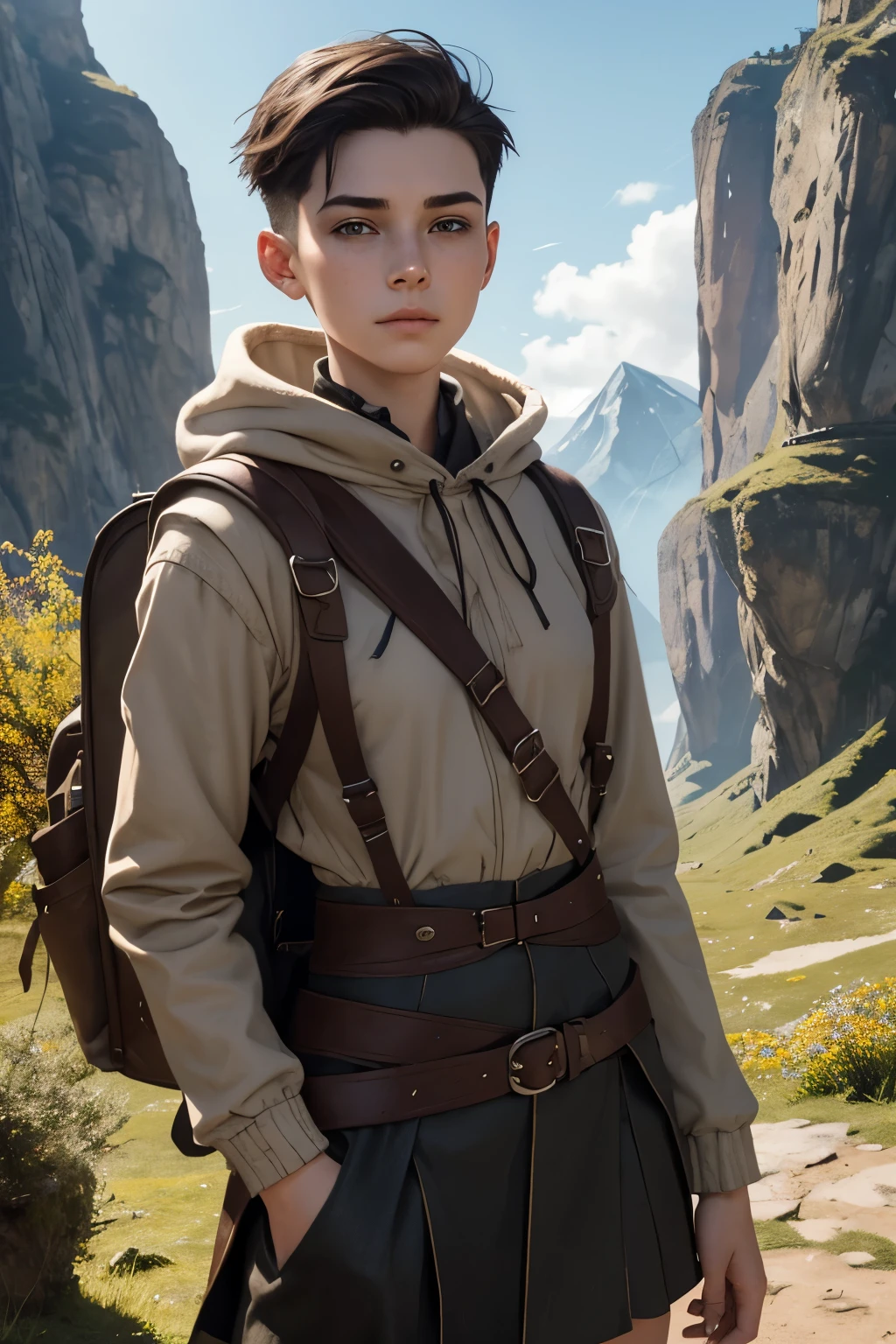 A young androgynous woman with a undercut in a fantasy setting. Happy. Kind. Friendly. Tomboyish. Very pale skin with freckles and liverspots. Very short dark-brown hair with a undercut haircut. Sides shaved. A round soft face and chin. Very thin and barely visible eyebrows. Darkbrown eyecolour. Upturned eyes. Long and wide nose. Curved lips. Long neck. Small chest. Slim. Wide hips. Long thick legs. Wearing clothes of a wanderer in a fantasy setting. A big backpack on the shoulders. Background: A beautiful colourful landscape. Sun is shining. Mountains and wide sight.