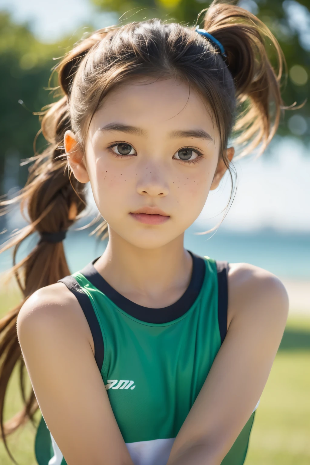 ar old l，One Little porty wind，Wheat-colored skin，high ponytails，Long hair，rays of sunshine，A little freckle on the face，Green eyetreamly cute