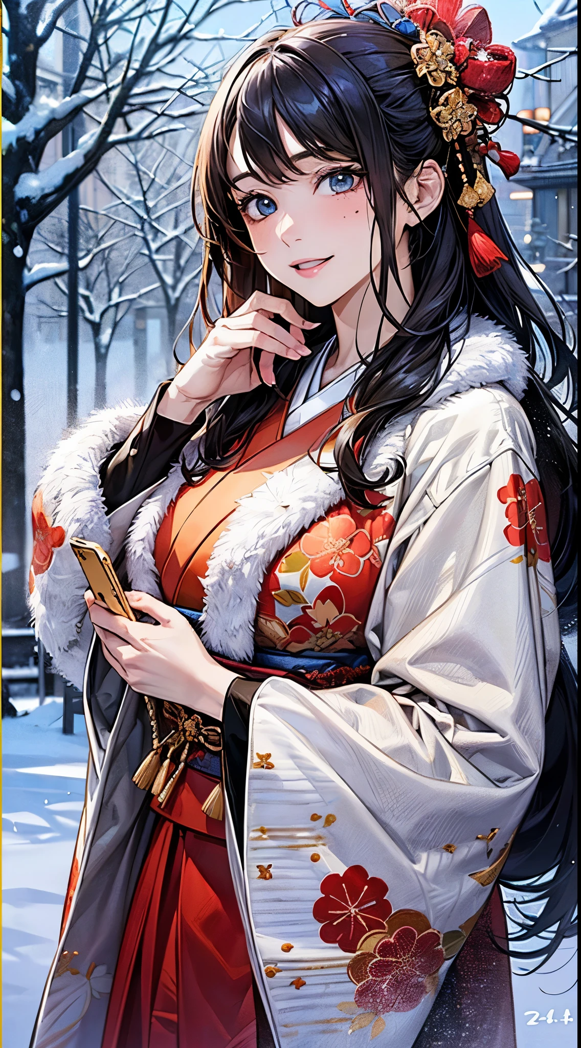 ((perfect anatomy, anatomically correct, super detailed skin)),
1 girl, japanese, , shiny skin, large breasts:0.5, looking up, watching the view,
beautiful hair, beautiful face, beautiful detailed eyes, (middle hair:1.4, half undo:1.7), blown hair, blue eyes, babyface, mole under eye,
(((traditional japanese clothing:1.2, with an intricate flower pattern:1.3, with gold embroidery:1.4, metallic red fabric:1.3, fur muffler, luxurious hair ornament))),
((smile:1.5, open your mouth wide)), walking, holding a phone, holding a handbag,
(beautiful scenery), winter, dawn, (new year's day, first visit), hokkaido, sapporo, outside hokkaido shrine, crowd, snow, snowfall:1.5, freezing weather, frost,
(8k, top-quality, masterpiece:1.2, extremely detailed), (photorealistic:1.2), beautiful art, visual art, depth of fields, natural lighting,