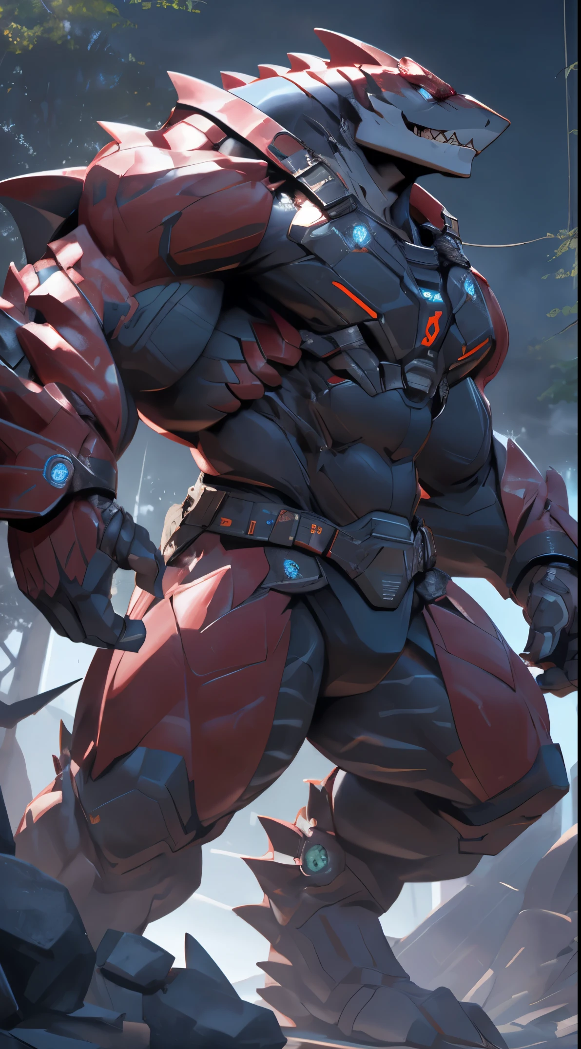 shark man, ready to fight, futuristic armor, dark forest background, threatening, stands menacingly, full body, raptor like legs, proporcional muscular arms, muscular, illustration, (best quality, 4k, highres, masterpiece:1.2), ultra-detailed, realistic, horror, sharp focus, vivid colors, daytime lighting