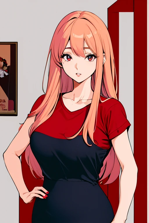 (La mejor calidad, anime, cuerpo completo, illustration, 30 years old, chica mala, largo Pelo rojo, Mirando al espectador, ojos azules, senos grandes, saco negro, vestido corto rojo,