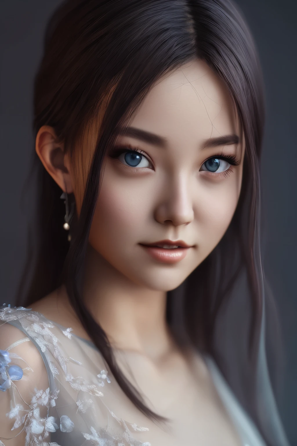 (8k, RAW photo, best quality, masterpiece:1.2), (realistic, photo-realistic:1.37),1girl, night, professional lighting, photon mapping, radiosity, , long traditional dress, grey background