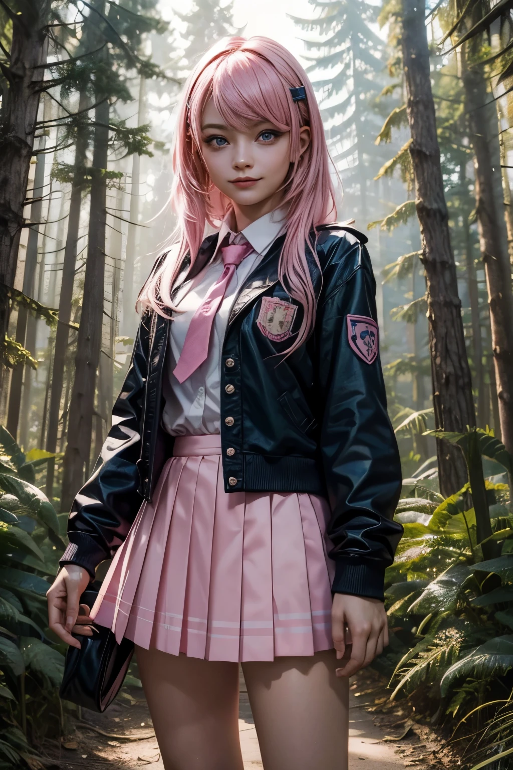 (1Girl, Russian, Beautiful, smiling, evil, bully, 18yo, ((Messy bubblegum pink hair)), (pink perfects eyes), ((wearing blue school uniform))), ((In a forest)),
