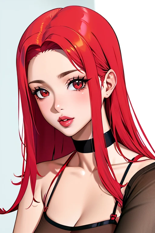 (La mejor calidad, anime), Retrato en solitario, Front view, hembra madura, chica mala, Pelo rojo, Mirando al espectador, senos grandes