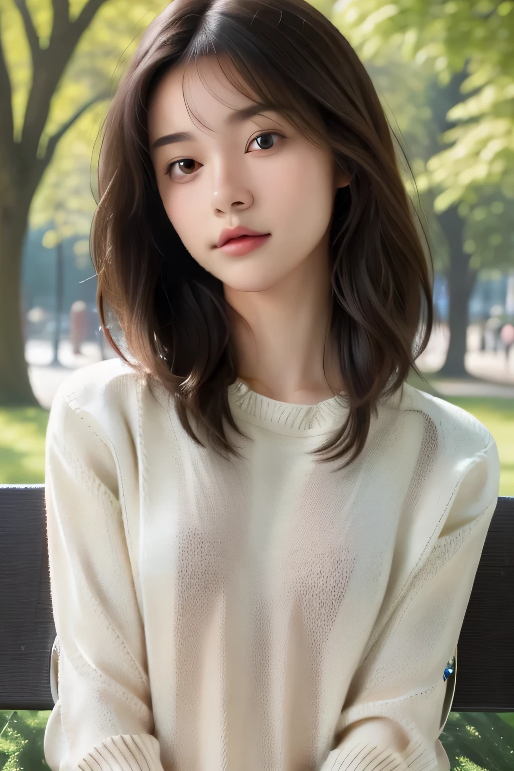 Best Quality, Photorealistic, 8K, hight resolution, fulcolor, 1girl in, Woman, 20 years old Woman, (Skindentation), (Portrait:0.6), Trees, park bench, Daylight, ((Park background:1.52)), fulcolor, ((Sweaters:1.68)), straight look at viewer:1.8, (1girl in eyes looking at viewer:1.55), (medium lenght hair, A dark-haired, parted hair:1.45), (Bokeh),