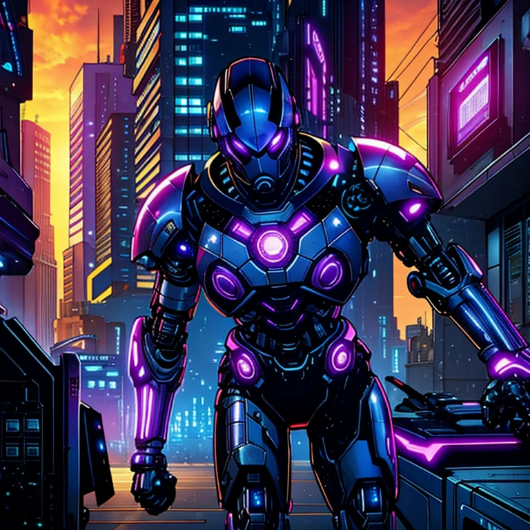 A cyborg in a futuristic city