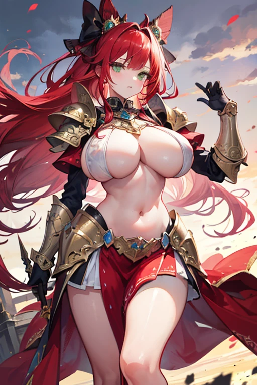 a beauty girl,long red hair,red-haired with green eyes,Wear gorgeous armor,(Ornate Silver Armor),Armor,(holding a big bow),Huge bow ,Shoulder pads,Armour,chest plate,Combat skirt,Leg nails,(royal knights),(huge tit), exposed belly