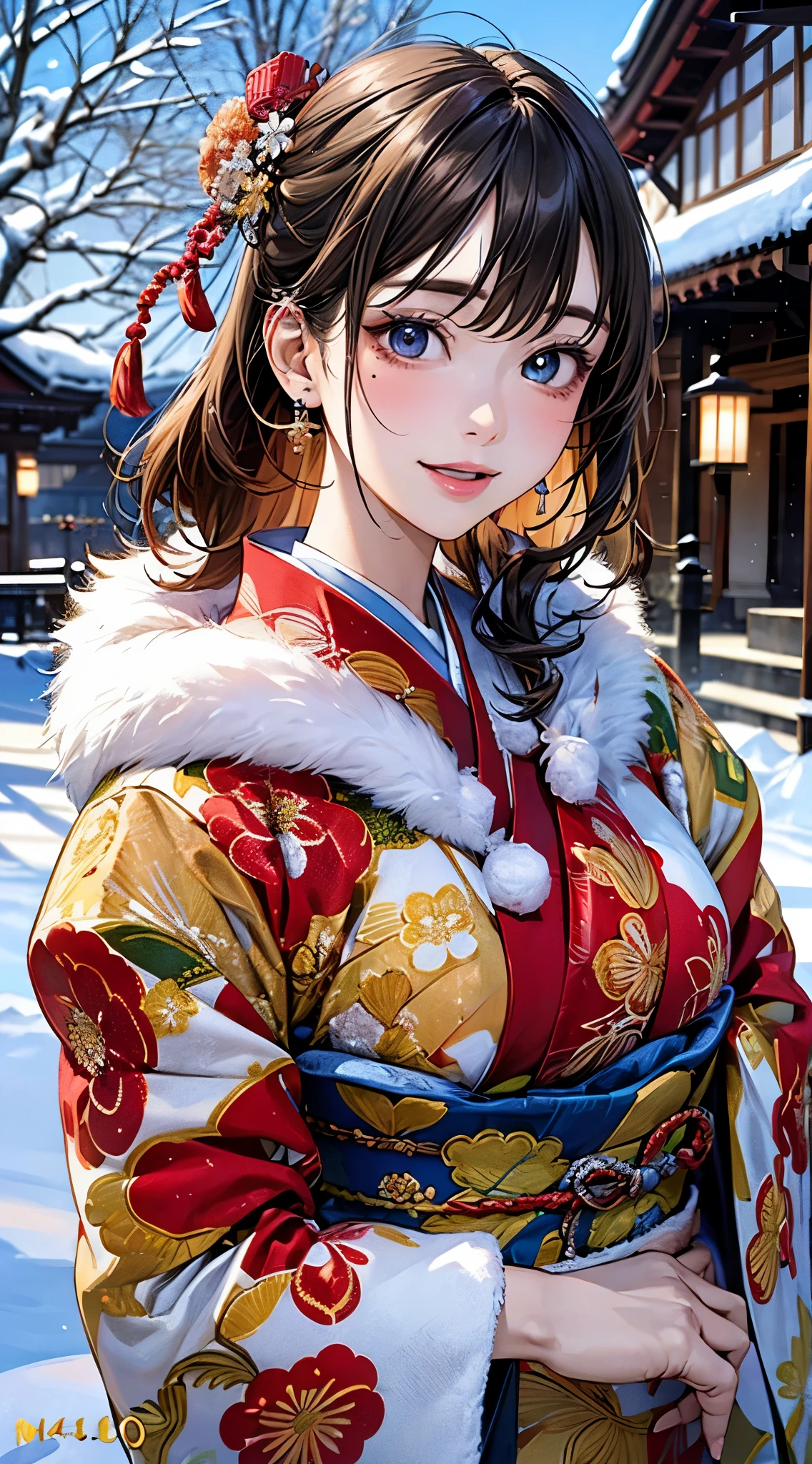 ((perfect anatomy, anatomically correct, super detailed skin)),
1 girl, japanese, 16 years old, shiny skin, large breasts:0.5, looking up, watching the view,
beautiful hair, beautiful face, beautiful detailed eyes, (middle hair:1.4, half undo:1.7), blown hair, blue eyes, babyface, mole under eye,
(((traditional japanese clothing:1.2, with an intricate flower pattern:1.3, with gold embroidery:1.2, metallic red fabric:1.5, fur muffler, luxurious hair ornament))),
((smile:1.5, open your mouth wide)), walking, holding a phone, holding a handbag,
(beautiful scenery), winter, dawn, (new year's day, first visit), hokkaido, sapporo, outside hokkaido shrine, crowd, snow, snowfall:1.5, freezing weather, frost,
(8k, top-quality, masterpiece:1.2, extremely detailed), (photorealistic:1.2), beautiful art, visual art, depth of fields, natural lighting,