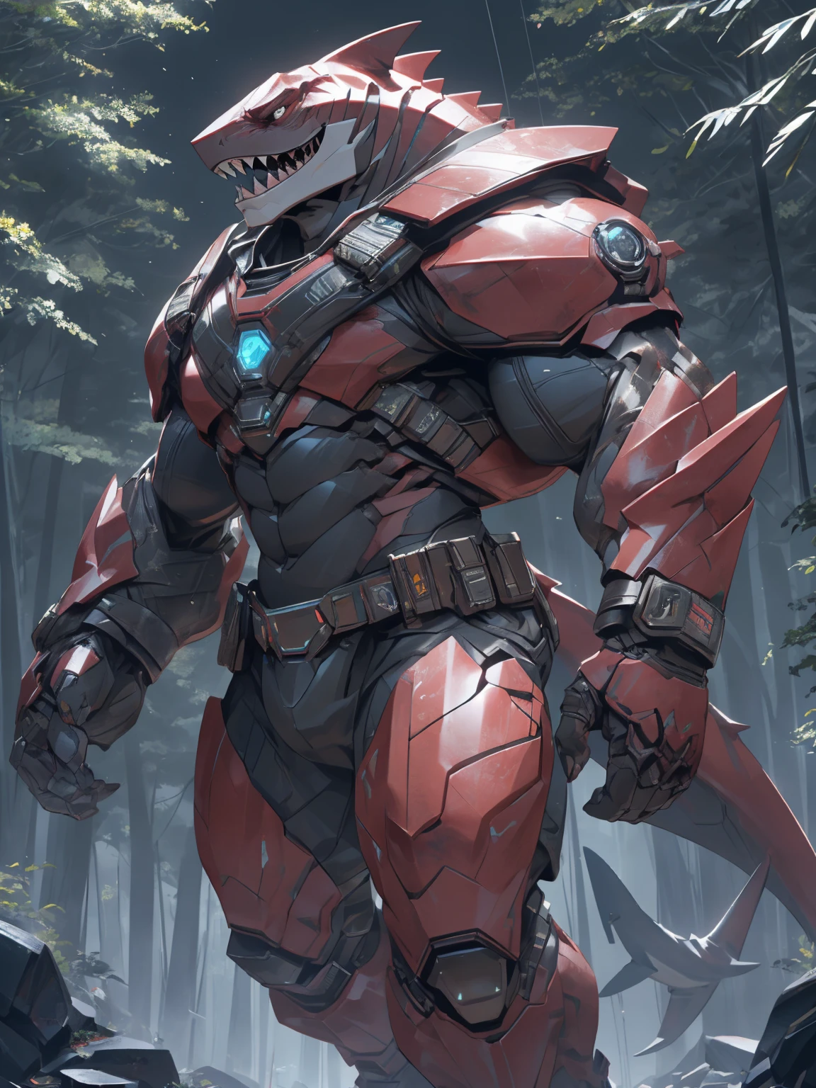 shark man, ready to fight, futuristic armor, dark forest background, threatening, stands menacingly, full body, raptor like legs, proporcional muscular arms, muscular, illustration, (best quality, 4k, highres, masterpiece:1.2), ultra-detailed, realistic, horror, sharp focus, vivid colors, daytime lighting