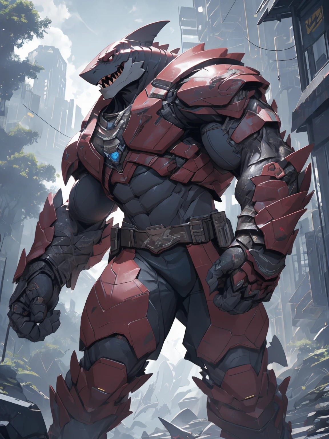 shark man, ready to fight, futuristic armor, dark forest background, threatening, stands menacingly, full body, raptor like legs, proporcional muscular arms, muscular, illustration, (best quality, 4k, highres, masterpiece:1.2), ultra-detailed, realistic, horror, sharp focus, vivid colors, daytime lighting