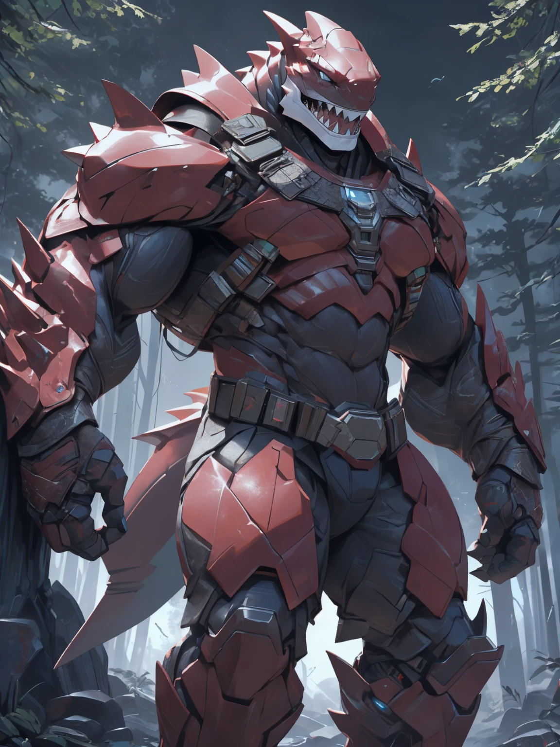 shark man, ready to fight, futuristic armor, dark forest background, threatening, stands menacingly, full body, raptor like legs, proporcional muscular arms, muscular, illustration, (best quality, 4k, highres, masterpiece:1.2), ultra-detailed, realistic, horror, sharp focus, vivid colors, daytime lighting