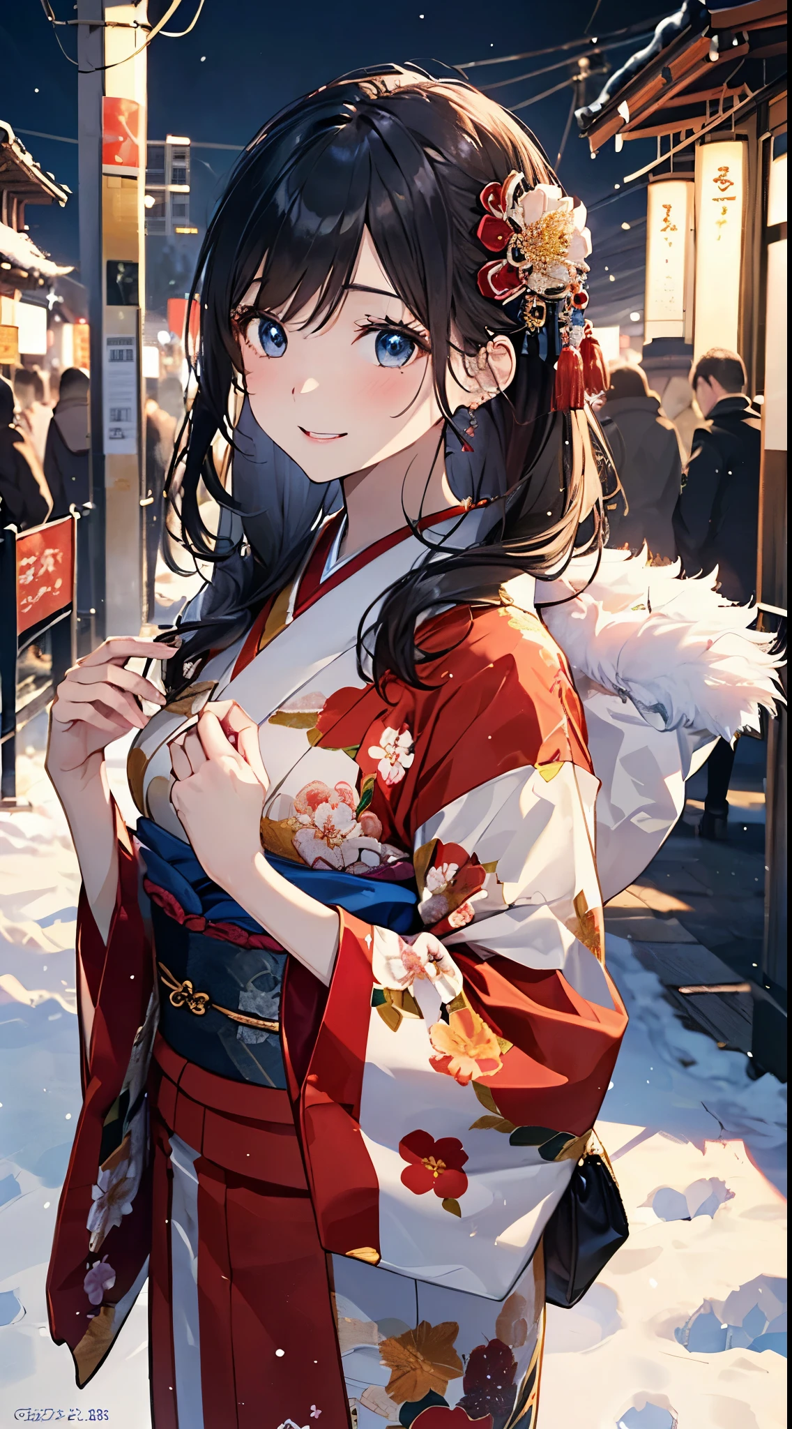 ((perfect anatomy, anatomically correct, super detailed skin)),
1 girl, japanese, , shiny skin, large breasts:0.5, looking up, watching the view,
beautiful hair, beautiful face, beautiful detailed eyes, (middle hair:1.4, half undo:1.7), blown hair, blue eyes, babyface, mole under eye,
(((traditional japanese clothing:1.2, with an intricate flower pattern:1.3, with gold embroidery:1.2, metallic red fabric:1.5, fur muffler, luxurious hair ornament))),
((smile:1.5, open your mouth wide)), walking, holding a phone, holding a handbag,
(beautiful scenery), winter, dawn, (new year's day, first visit), hokkaido, sapporo, outside hokkaido shrine, crowd, snow, snowfall:1.5, freezing weather, frost,
(8k, top-quality, masterpiece:1.2, extremely detailed), (photorealistic:1.2), beautiful art, visual art, depth of fields, natural lighting,