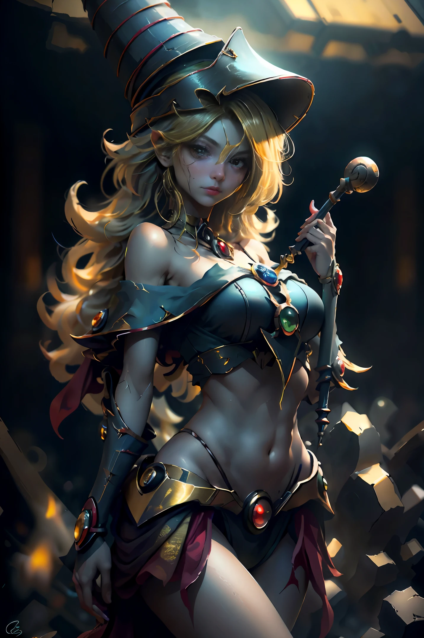 (8K,Photorealsitic Raw photography top-quality;1.4) (1girl in) Super beauty (Lifelike face) Muscular and macho female body (Blonde with long curls) Hold up a black and red magic wand combat scene Magic hat with black and purple and gold exterior Beautiful expression glareing (real looking skin) (sorcerer) enticing 超A high resolution A hyper-realistic high detal fully body photo ruins