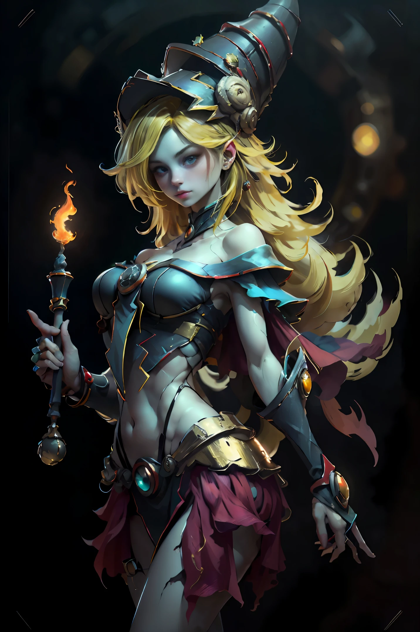 (8k,fotorrealista　Raw photography　highest qualityr;1.4) 　(1chica en)　super beauty　(cara realista)　cuerpo femenino 　(Rubia de rizos largos)　Hold a black and red magic wand　Escena de combate　Magic hat with black and gold exterior　Beautiful expression　Deslumbramiento　(Piel de aspecto real)　(Giles magos oscuros)　Tentador　超A high resolution　Un hiperrealista　Alto detalle　foto de cuerpo completo　restos