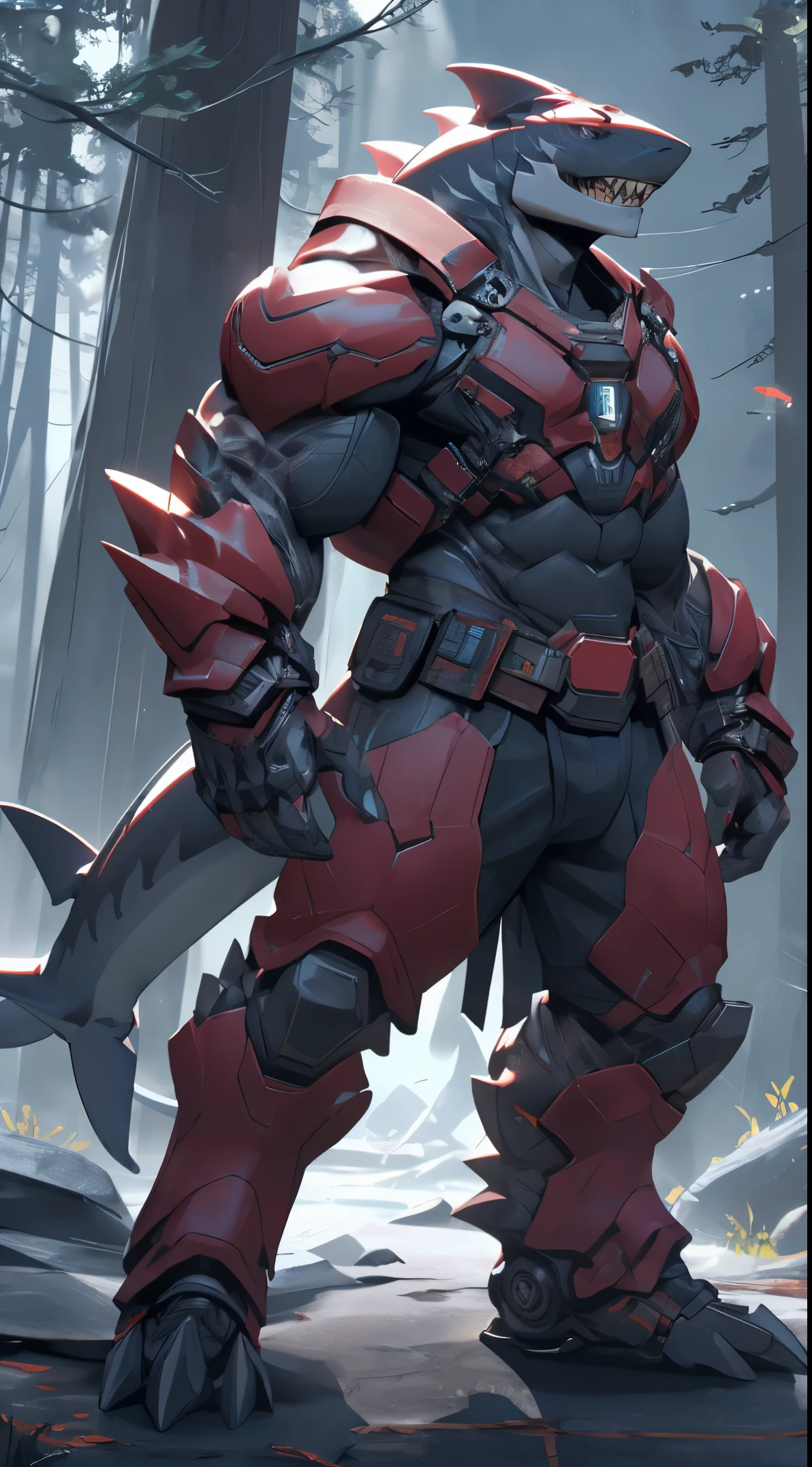 shark man, ready to fight, futuristic armor, dark forest background, threatening, stands menacingly, full body, raptor like legs, proporcional muscular arms, muscular, illustration, (best quality, 4k, highres, masterpiece:1.2), ultra-detailed, realistic, horror, sharp focus, vivid colors, daytime lighting