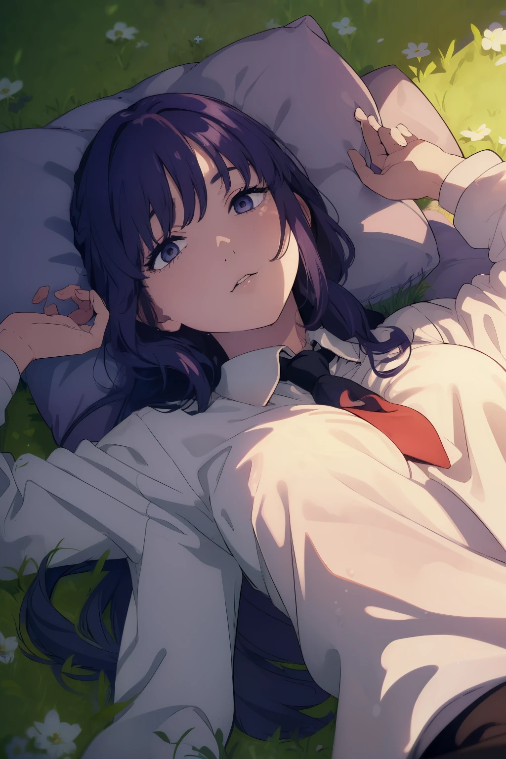 ((((Obra maestra, La mejor calidad, ultrahigh resolution)))), perfect , 1girl, long hair, purple, school uniform, (), (SFW), pillows, flowers, lying on back on grass, grass, sunlight hitting face, from above, beautiful bright lighting, high contrast, beautiful lighting, beautiful face, HD