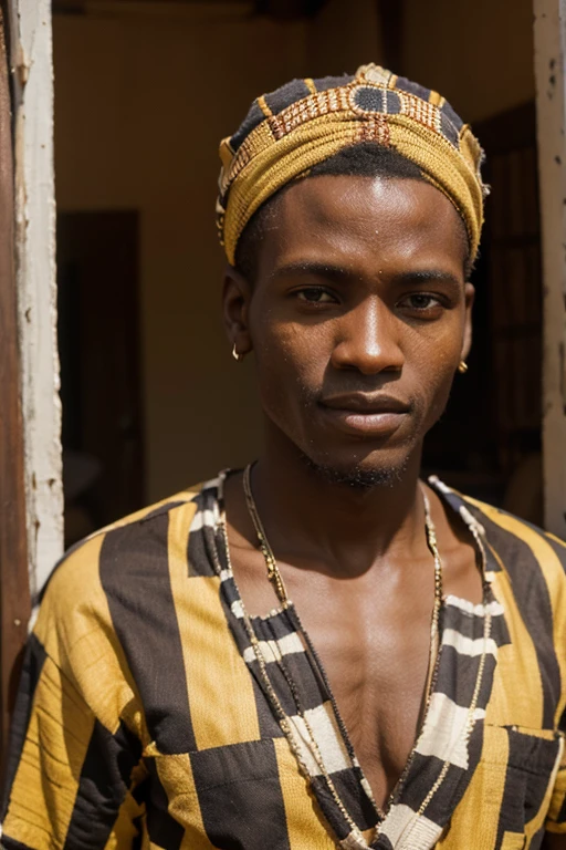velho homem africano, com roupa africano, Close to the camera, numa casa estilo africana