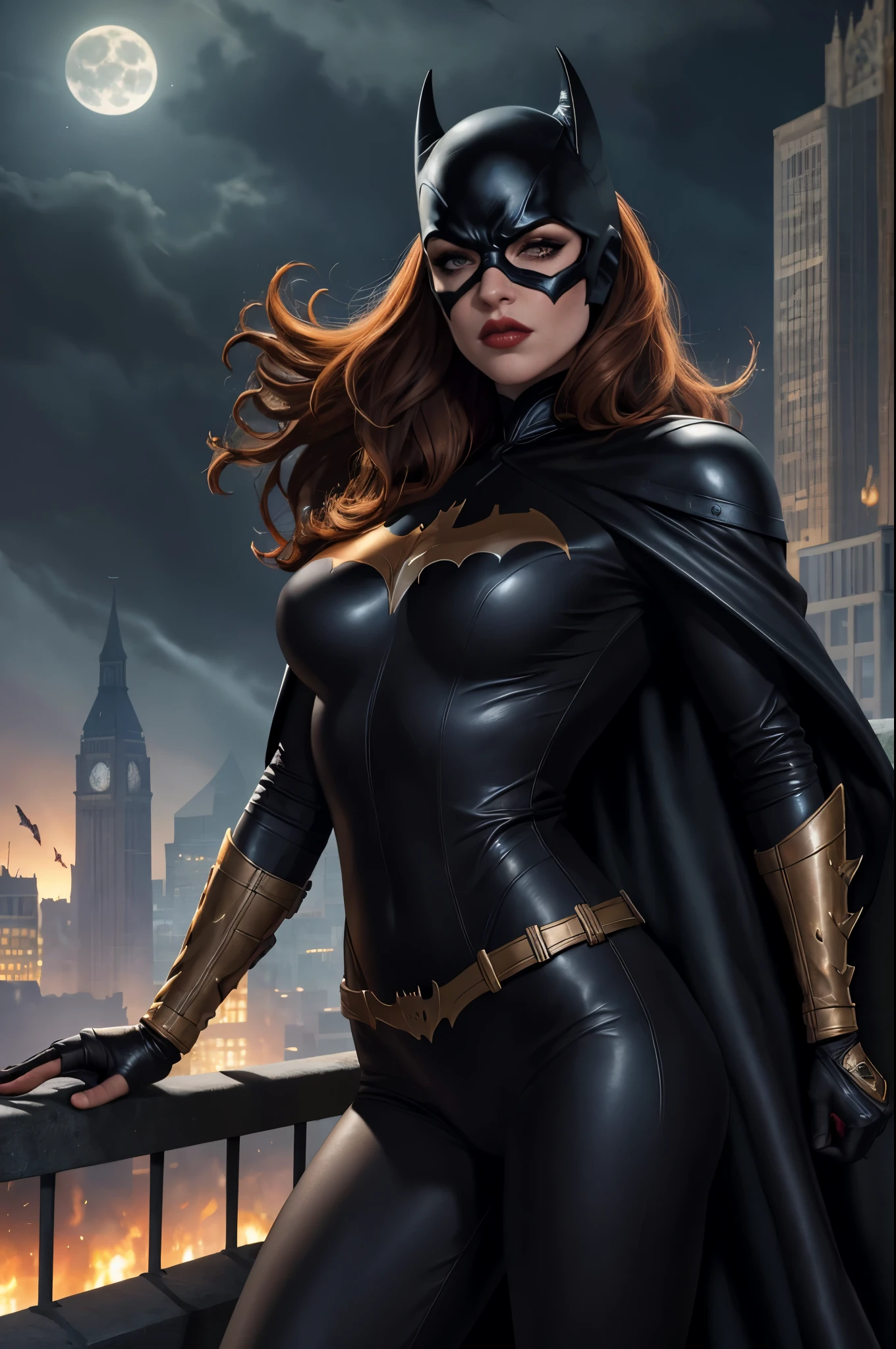 (best quality, highres, ultra-detailed),sexy batgirl,portrait,illustration,dark lighting,leather outfit,red lips,smoky eyes,gloomy atmosphere,cityscape background,gritty style,high contrast,vivid colors,sharp details,expressive pose,fierce expression,edgy,realistic costume,flowing cape,masked identity,lethal weapon,moonlit sky,beautifully textured,alluring gaze,confident stance,artistic rendering,bold composition,highly detailed hair,superheroine,nighttime scene,fantasy,comic book style,meticulous craftsmanship,attention-grabbing,powerful presence,mysterious aura,striking visual impact