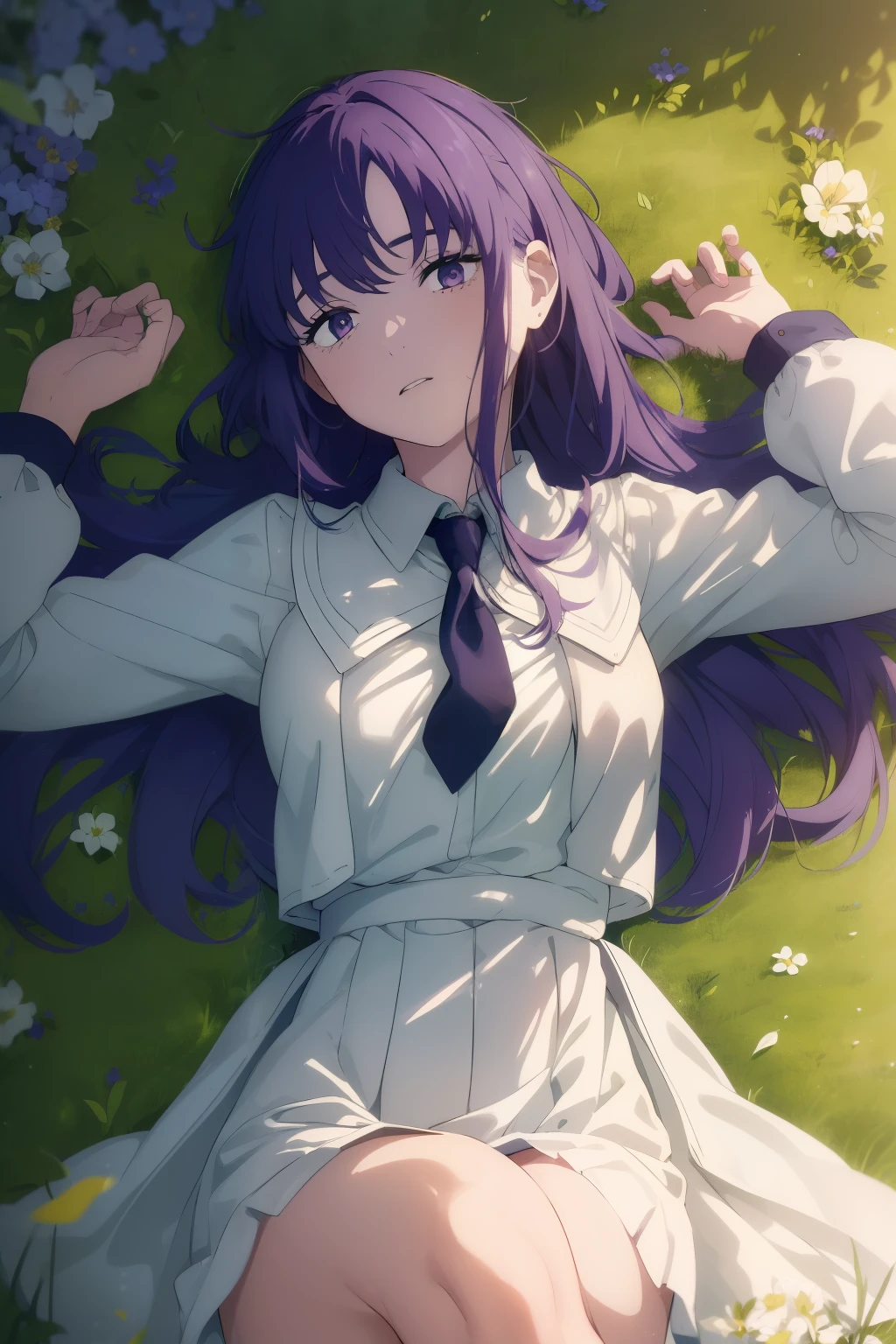 ((((Obra maestra, La mejor calidad, ultrahigh resolution)))), perfect anatomy, 1girl, long hair, purple, school uniform, (pornography), (SFW), flowers, head on grass, lying on back on grass, grass, sunlight hitting face, from above, beautiful bright lighting, high contrast, beautiful lighting, beautiful face, HD, realistic lighting