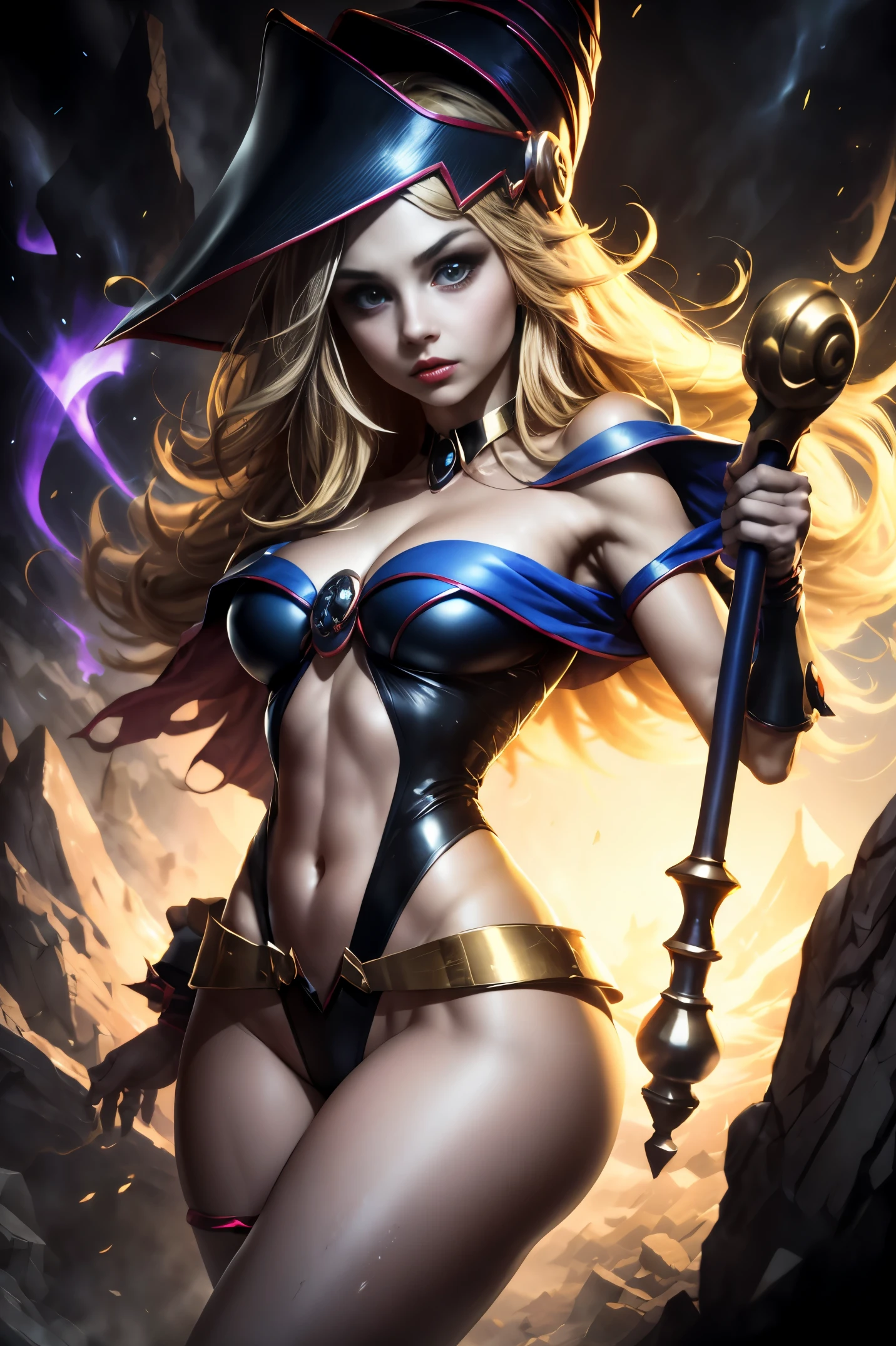 (8k,fotorrealista Raw photography highest qualityr;1.4) (1chica en) super beauty (cara realista) cuerpo femenino (Rubia de rizos largos) Hold a black and red magic wand Escena de combate Magic hat with black and gold exterior Beautiful expression Deslumbramiento (Piel de aspecto real) (Giles magos oscuros) Tentador 超A high resolution Un hiperrealista Alto detalle foto de cuerpo completo restos