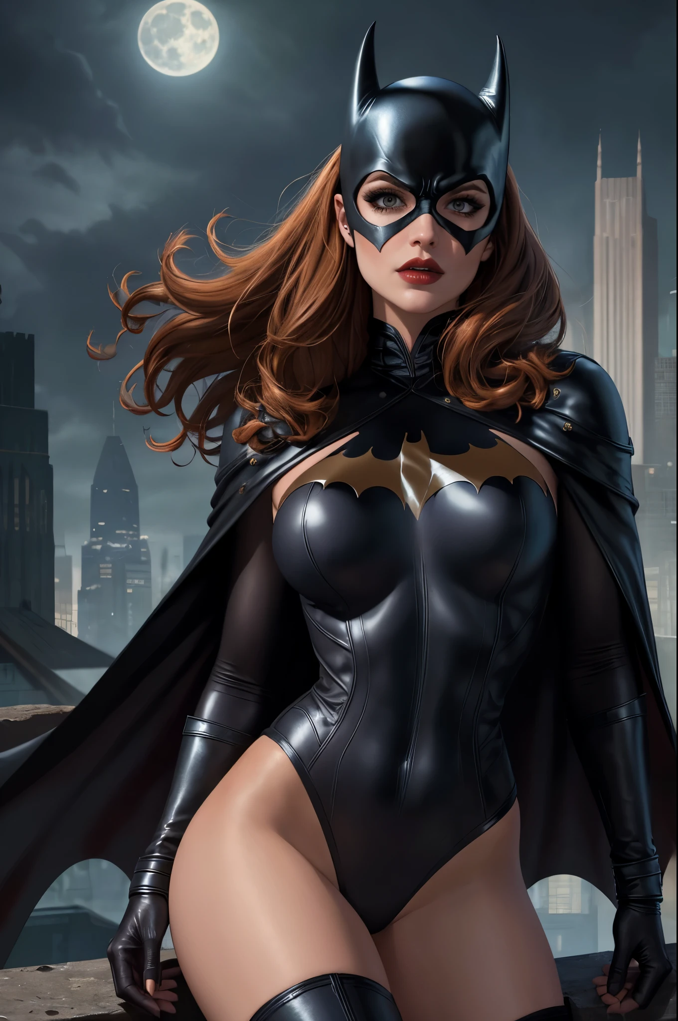 (best quality, highres, ultra-detailed),sexy batgirl,portrait,illustration,dark lighting,leather outfit,red lips,smoky eyes,gloomy atmosphere,cityscape background,gritty style,high contrast,vivid colors,sharp details,expressive pose,fierce expression,edgy,realistic costume,flowing cape,masked identity,lethal weapon,moonlit sky,beautifully textured,alluring gaze,confident stance,artistic rendering,bold composition,highly detailed hair,superheroine,nighttime scene,fantasy,comic book style,meticulous craftsmanship,attention-grabbing,powerful presence,mysterious aura,striking visual impact