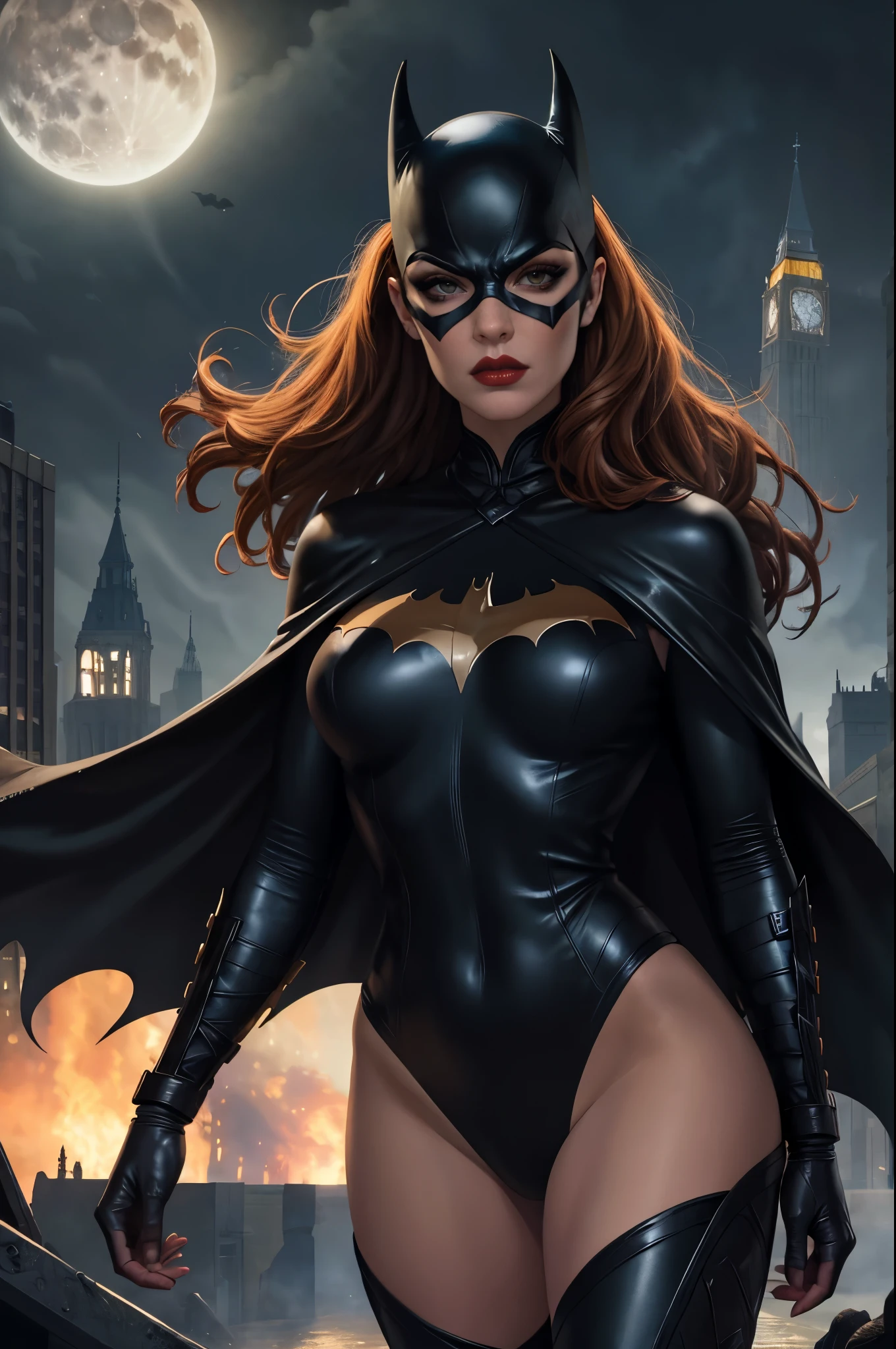 (best quality, highres, ultra-detailed),sexy batgirl,portrait,illustration,dark lighting,leather outfit,red lips,smoky eyes,gloomy atmosphere,cityscape background,gritty style,high contrast,vivid colors,sharp details,expressive pose,fierce expression,edgy,realistic costume,flowing cape,masked identity,lethal weapon,moonlit sky,beautifully textured,alluring gaze,confident stance,artistic rendering,bold composition,highly detailed hair,superheroine,nighttime scene,fantasy,comic book style,meticulous craftsmanship,attention-grabbing,powerful presence,mysterious aura,striking visual impact