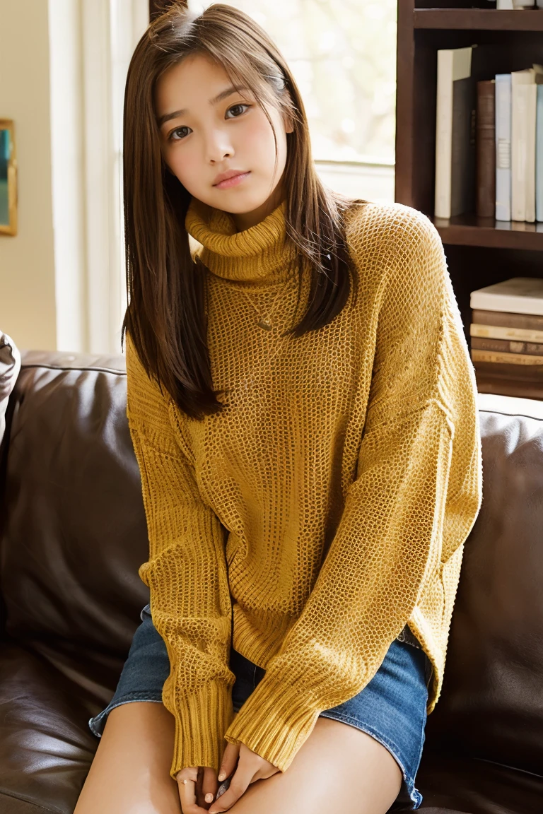 Beautiful girl wearing a turtleneck sweater、Bruises、、inside in room、sofas、a miniskirt、