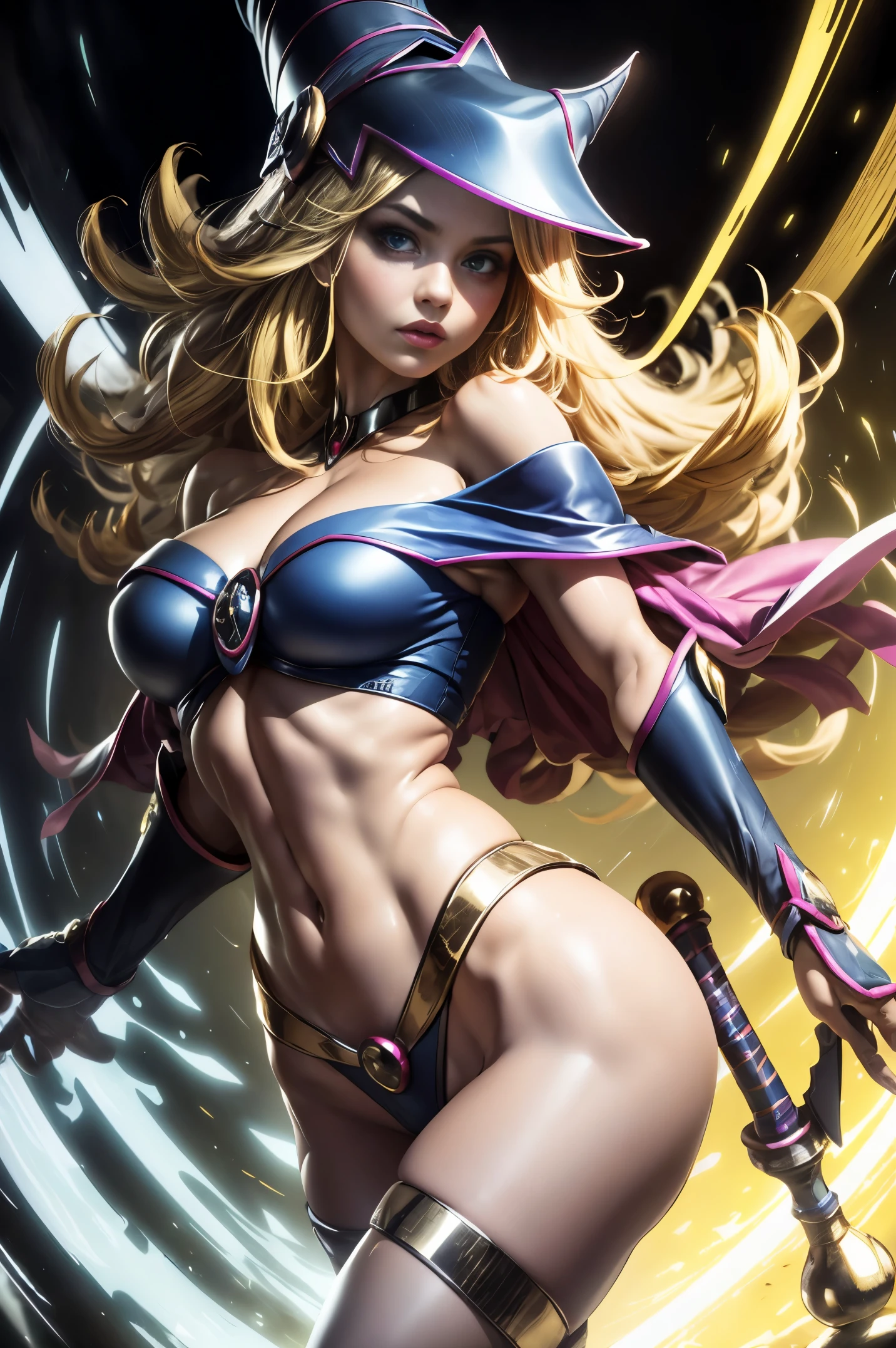 (8k,fotorrealista Raw photography highest qualityr;1.4) (1chica en) super beauty (cara realista) cuerpo femenino (Rubia de rizos largos) Hold a black and red magic wand Escena de combate Magic hat with black and gold exterior Beautiful expression Deslumbramiento (Piel de aspecto real) (Giles magos oscuros) Tentador 超A high resolution Un hiperrealista Alto detalle foto de cuerpo completo restos