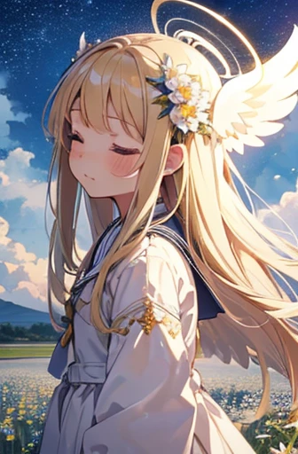 , blonde,
best quality, masterpiece, ultra detailed, from side, cute girl, cowboy shot, angel wings, angel halo, very long white hair, closed eyes, white sailor suit, flower hair ornament on left side, starry sky, flower field, outdoors