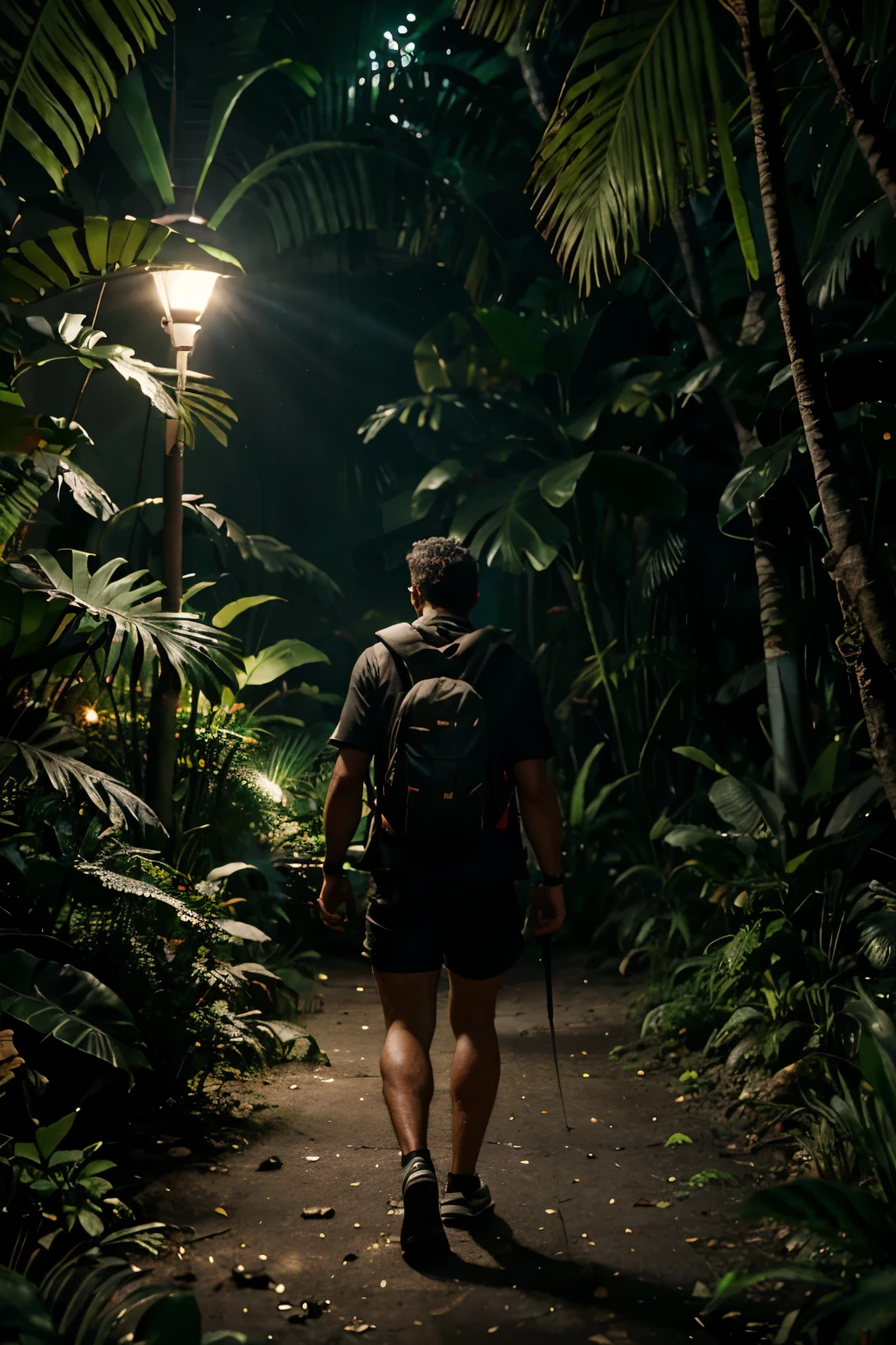 arafed man with a backpack walking through a jungle at night, in a deep lush jungle at night, cinematic beeple, atey ghailan 8 k, 3 d render beeple, artem demura beeple, cinematic forest lighting, beeple. octane render, adventure hyper realistic render, video game render, dark jungle