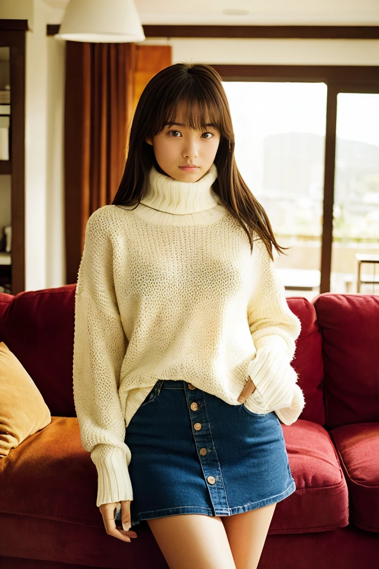 Beautiful girl wearing a turtleneck sweater、Bruises、、inside in room、sofas、a miniskirt、