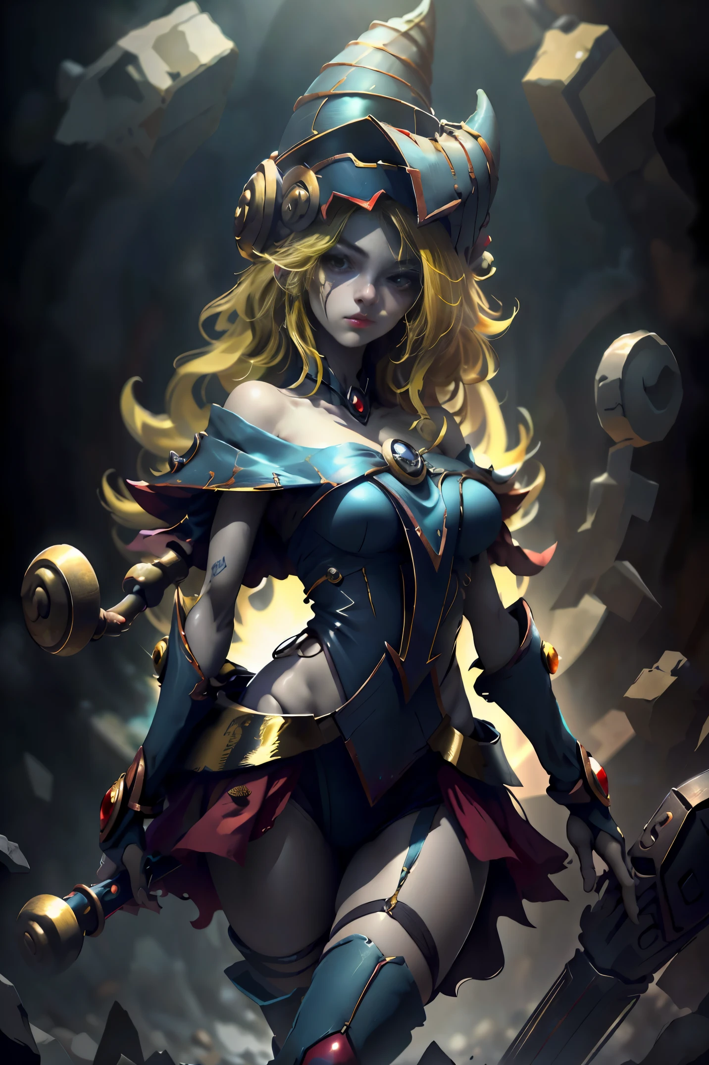 (8k,fotorrealista Raw photography highest qualityr;1.4) (1chica en) super beauty (cara realista) cuerpo femenino (Rubia de rizos largos) Hold a black and red magic wand Escena de combate Magic hat with black and gold exterior Beautiful expression Deslumbramiento (Piel de aspecto real) (Giles magos oscuros) Tentador 超A high resolution Un hiperrealista Alto detalle foto de cuerpo completo restos