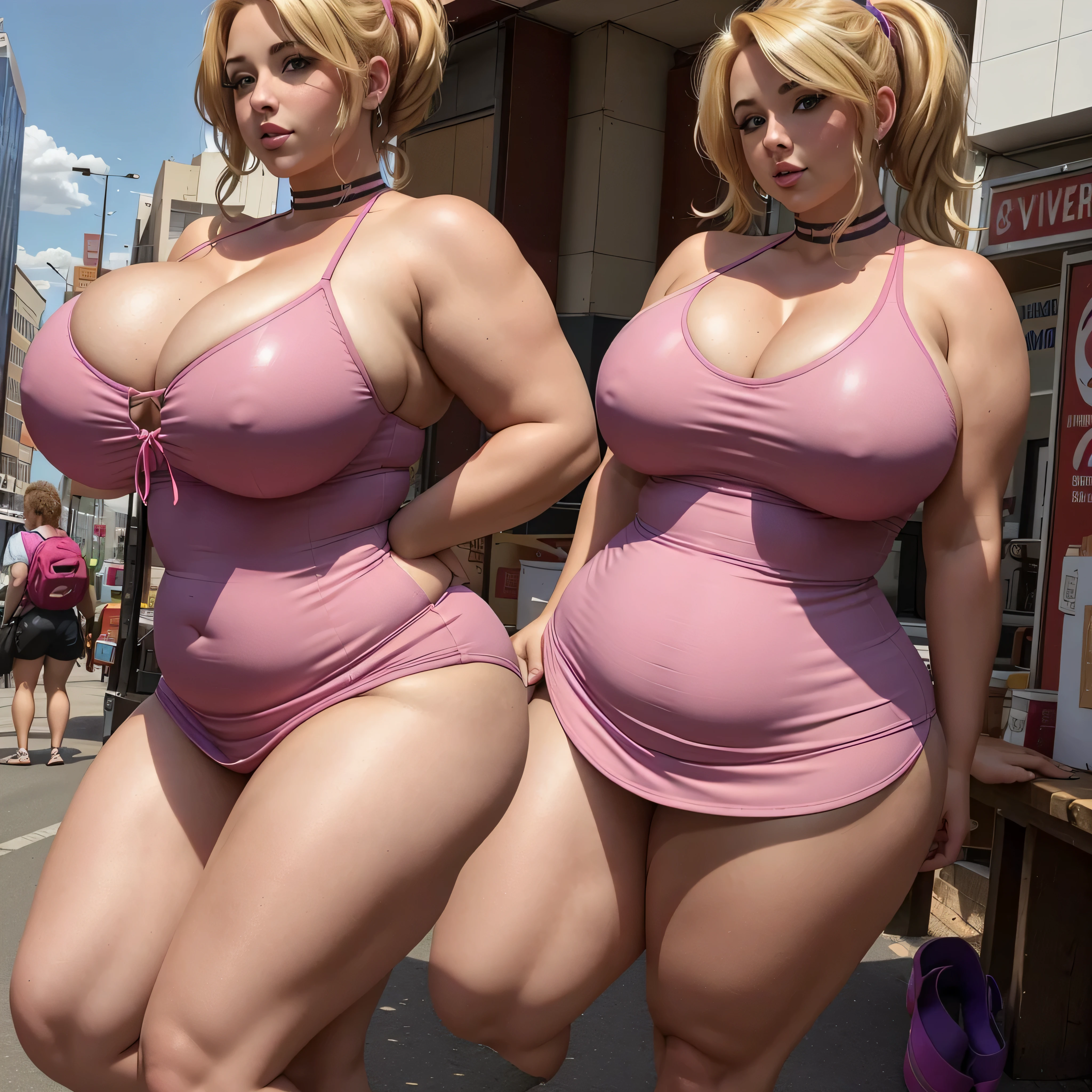 DSLR RAW filmgrain photo, shot on iphone, photography, edited in Adobe Lightroom, fat girl voluptuous, massive breasts, breast focus, 1girl, underboob, sideboob, braless, neon colors bodycon dress with fishnets and platform sandals, city, sky, vivid blonde hair in pigtails