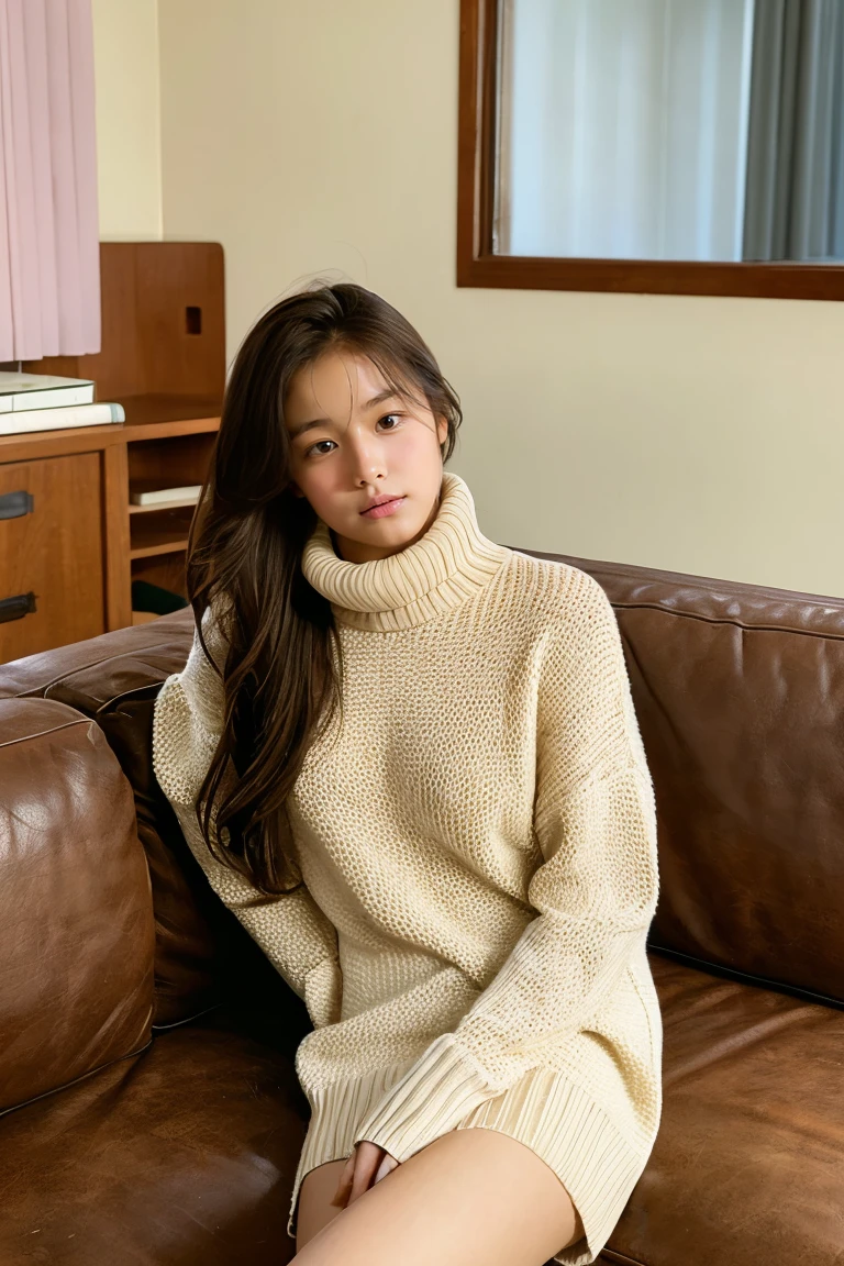 Beautiful girl wearing a turtleneck sweater、Bruises、、inside in room、sofas、Wool miniskirt、