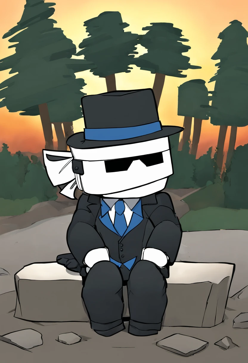 Draw a roblox r6 avatar sitting by a rock, roblox avatar, roblox, roblox!, white skin, blocky body, white headphones, fedora, blindfold, black suit, gloves, blue tie, forrest background, sunset, road, light smile