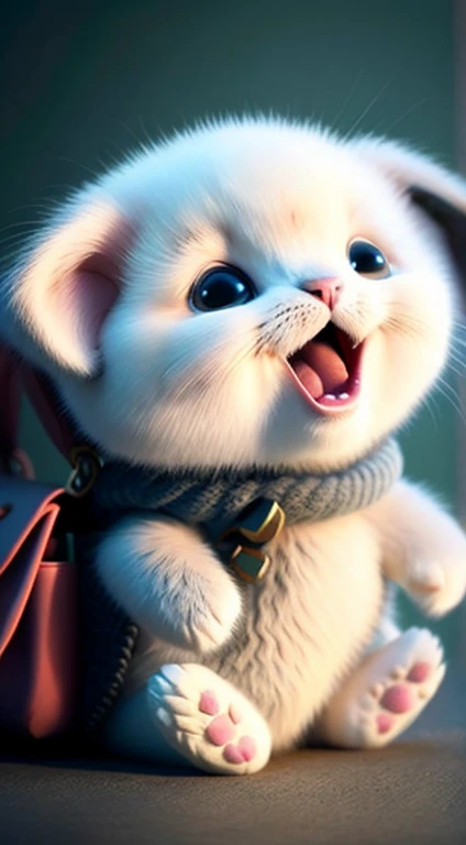 A kitten, Realistic, furry animal, small ears, blush, cherry, funny, Open mouth, Laugh, morandi color, Left, A kitten!!