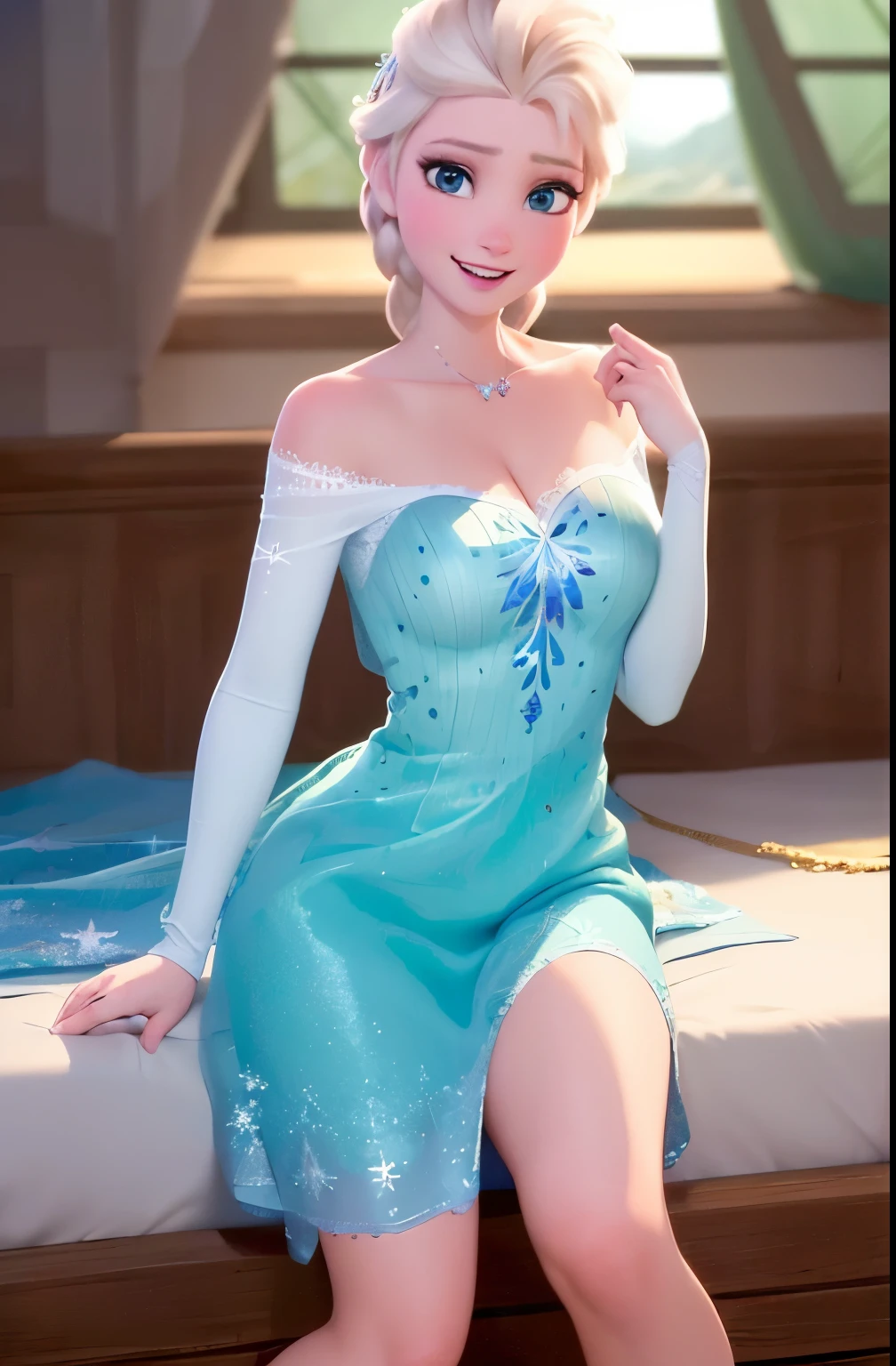 (Obra maestra:1.4), (Mejor calidad:1.4), (High resolution:1.4), Elsa de Arendelle, They are smiling, Sentado en la cama,sin ropa,pecho enormes,desnuda,vagina depilada, dormitorio, Mirando al espectador, Manos a un lado,