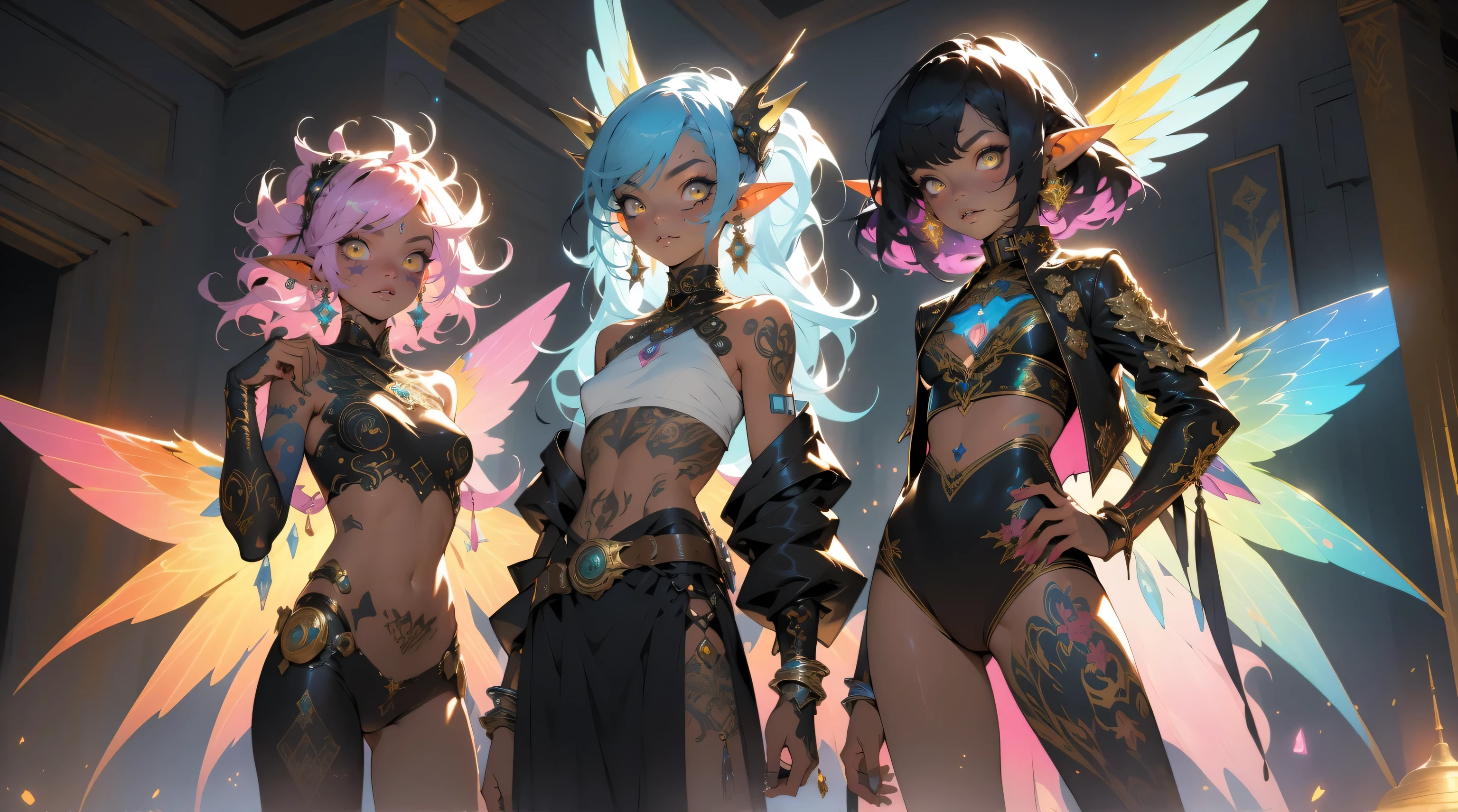 three beautiful elf females 20 years old, nudist, no clothes, extreme abs, cute face, crazy hair, colored hair, yellow eyes, deep fashion, cyberspace, surreal, virtual reality, Holographic Symphony, video game, crazy colors, SteamPunk Schematics, ribbons, tattoes, many tattoos, extreme tattoos, NanoSorcerer's Symphony, full body tattoos, Data Landscapes, beautiful tattoos, weird perspective, dramatic light, dungeons and dragons, quest, adventurers, action, playfull, cute, profound, cat ears, Pixel Potions and Portals, dramatic glowing halos, colorful angelic wings, group photo, temple, magical energies, witchcraft, permanent love energy, Quantum Perspectives