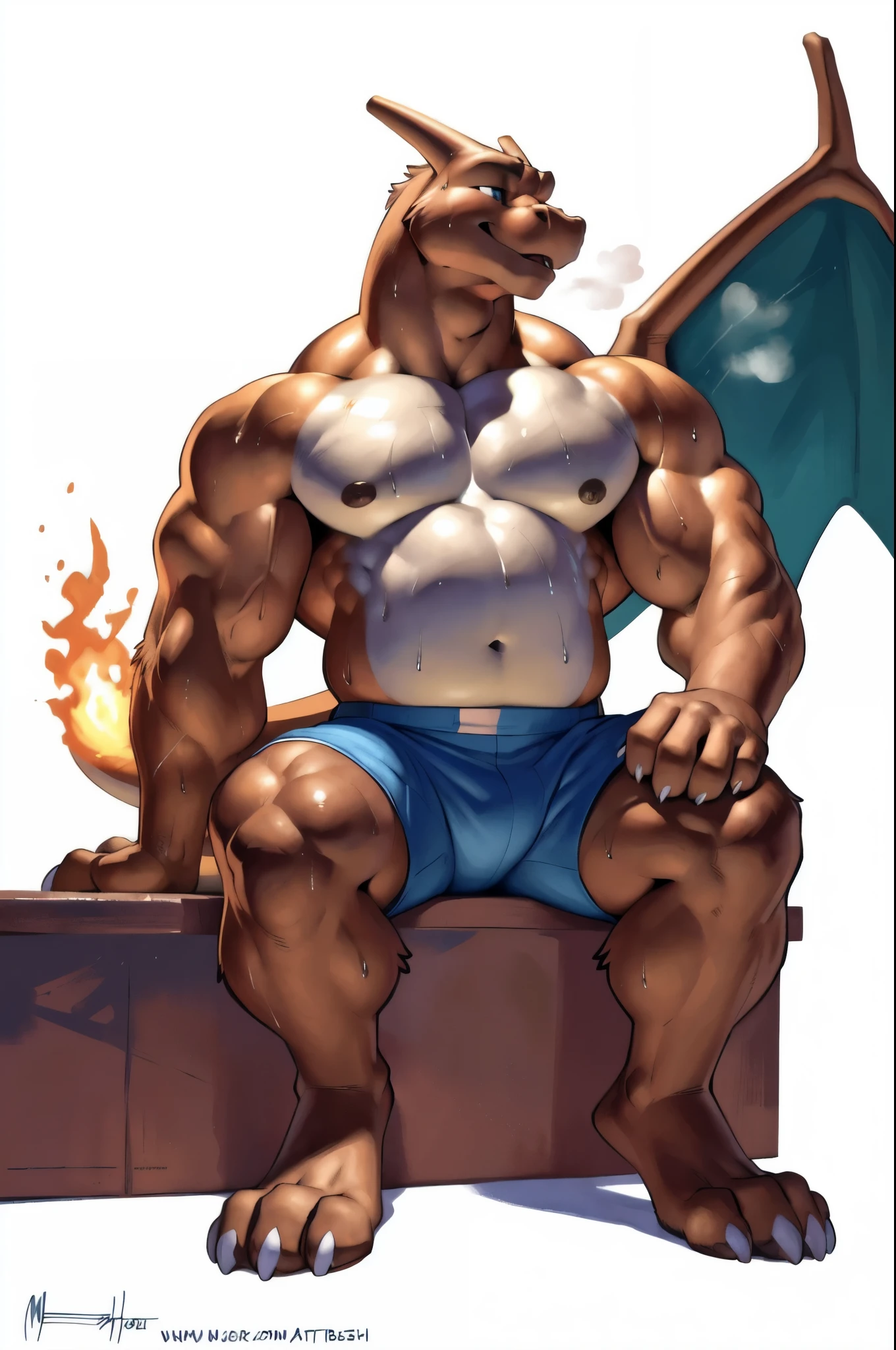 bodybuilder, male, (giant:1.5), furry, pokemon, charizard, (frown:1.2), (blushing:1.2), (stick-out tongue), (mouth drool), maw closed, (grinning:1.2), looming, (nsfw:1.5), destruction, erection, (cum:1.8), (full body shot), feet, (burning city), (low angle view), (masturbation:1.5), 4K, (upward pov), (dog tags), wristwatch, by null-ghost, (sitting on the ground straight:1.8), dust, eight-pack abs, cum drop, shake, cum-soaked, (destroyed street:1.5), destroyed building, (destroyed tank:1.5), (destroyed car:1.5), (destroyed bus:1.5), apocalypse, long sitting rest, (bug view:1.5), (half open shirt military vest, grass green Pattern: 1.5), nipple, muscular, blue pupil eye