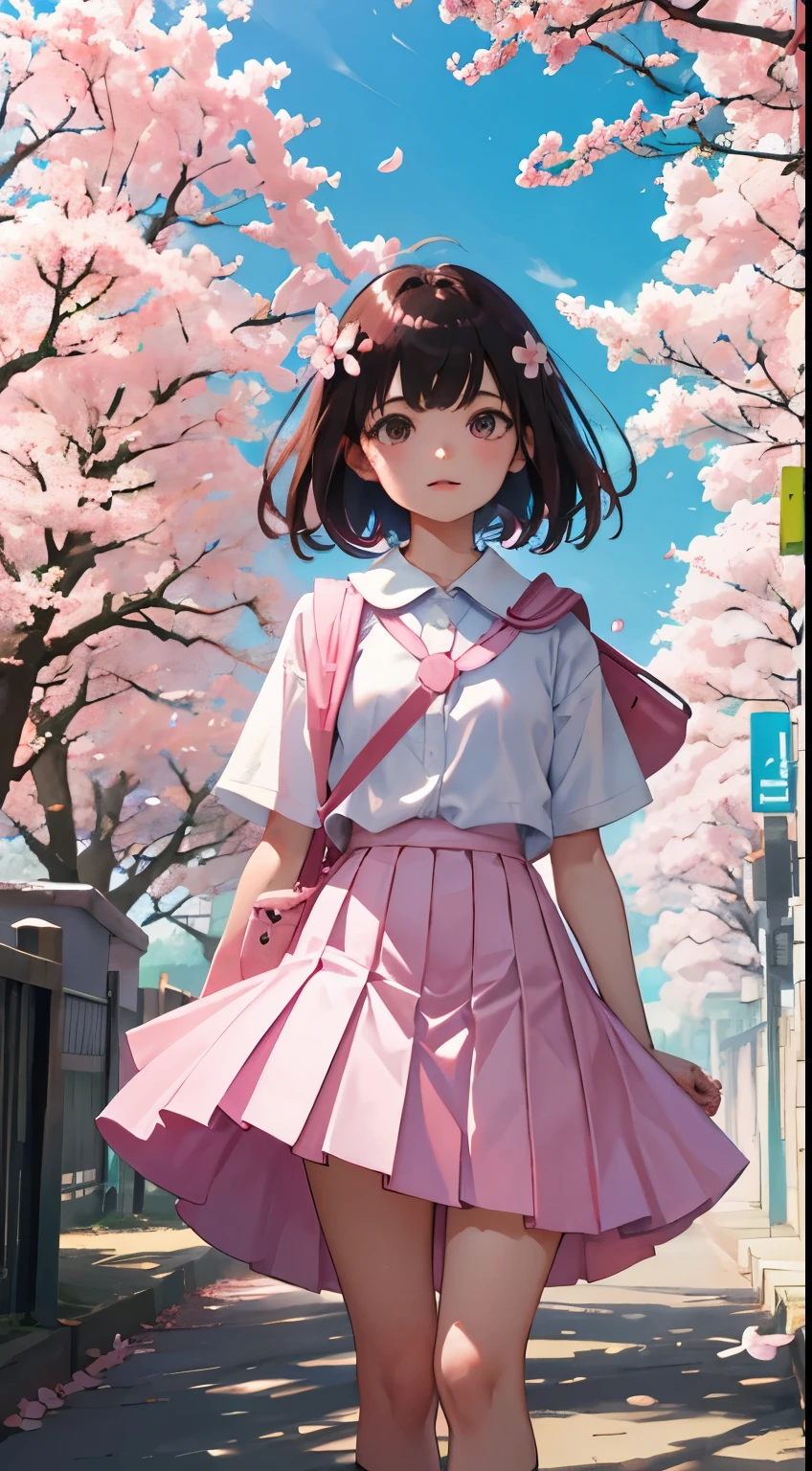 (child),(masterpiece,Highest Quality),White rucksack,pink pleated miniskirt,shortsleeves,A dark-haired,Summer Classroom,The wind is blowing,A path lined with flourishing cherry blossom trees