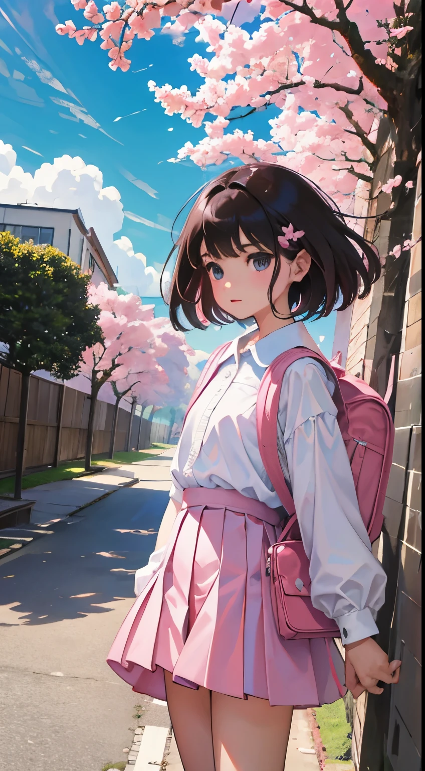(child),(masterpiece,Highest Quality),White rucksack,pink pleated miniskirt,shortsleeves,A dark-haired,Summer Classroom,The wind is blowing,A path lined with flourishing cherry blossom trees