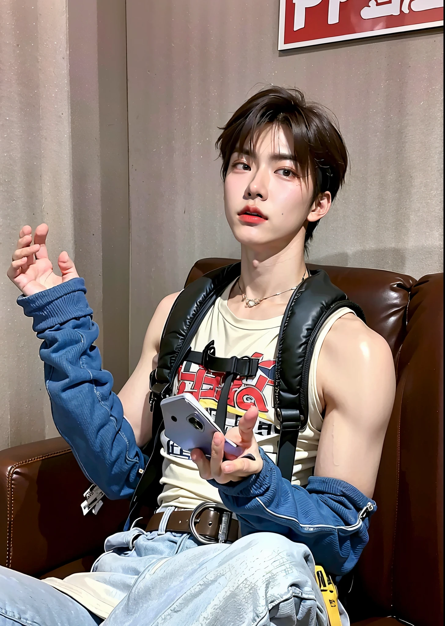 there is a man sitting on a couch with a backpack on his back, kim doyoung, korean muscle boy 2 1 , hyung tae, jinyoung shin, jimin, park jimin, taejune kim, hong june hyung, yanjun chengt, cai xukun, male ulzzang, 2 arms, most strongest pose, hyung tae kim, south korean male