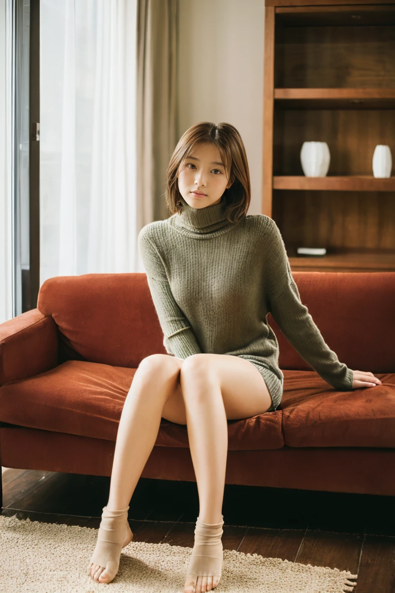 Beautiful girl wearing a turtleneck sweater、Bruises、18year old、inside in room、sofas、(Wool miniskirt)、