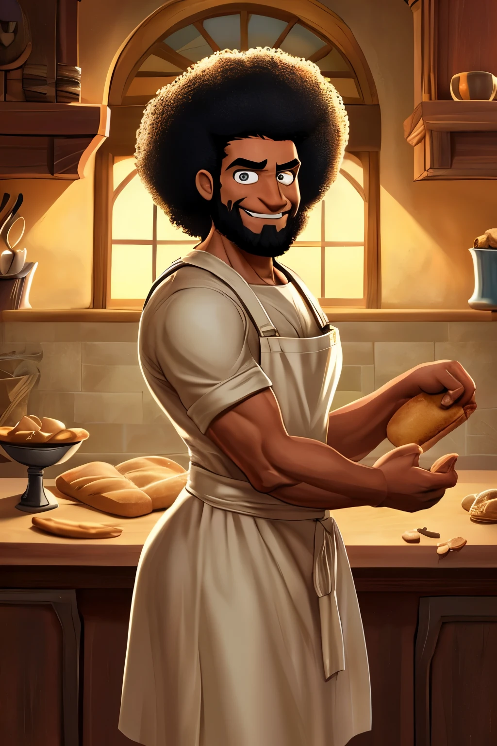 Original art quality baker making bread , imagem de JESUS DEUS, ,negro Moreno mulato , corpo inteiro,cabelo afro jovem e bonito caindo para frente, Rasta, Disney character animation style, type but braided, JESUS DEUS, standing posture, hands naturally placed on both sides, olhando para frente, soft smiling expression, olhos cheios de luz, luz de fundo azul, translucid, com luz como tema, the focus of light is on the characters, the overall picture is fresh and bright.